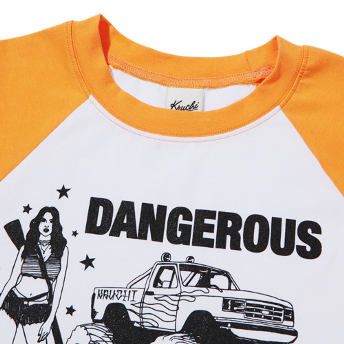 크루치(KRUCHI) DANGEROUS Raglan long-sleeved T-Shirt (WHITE ORANGE) WOMENS
