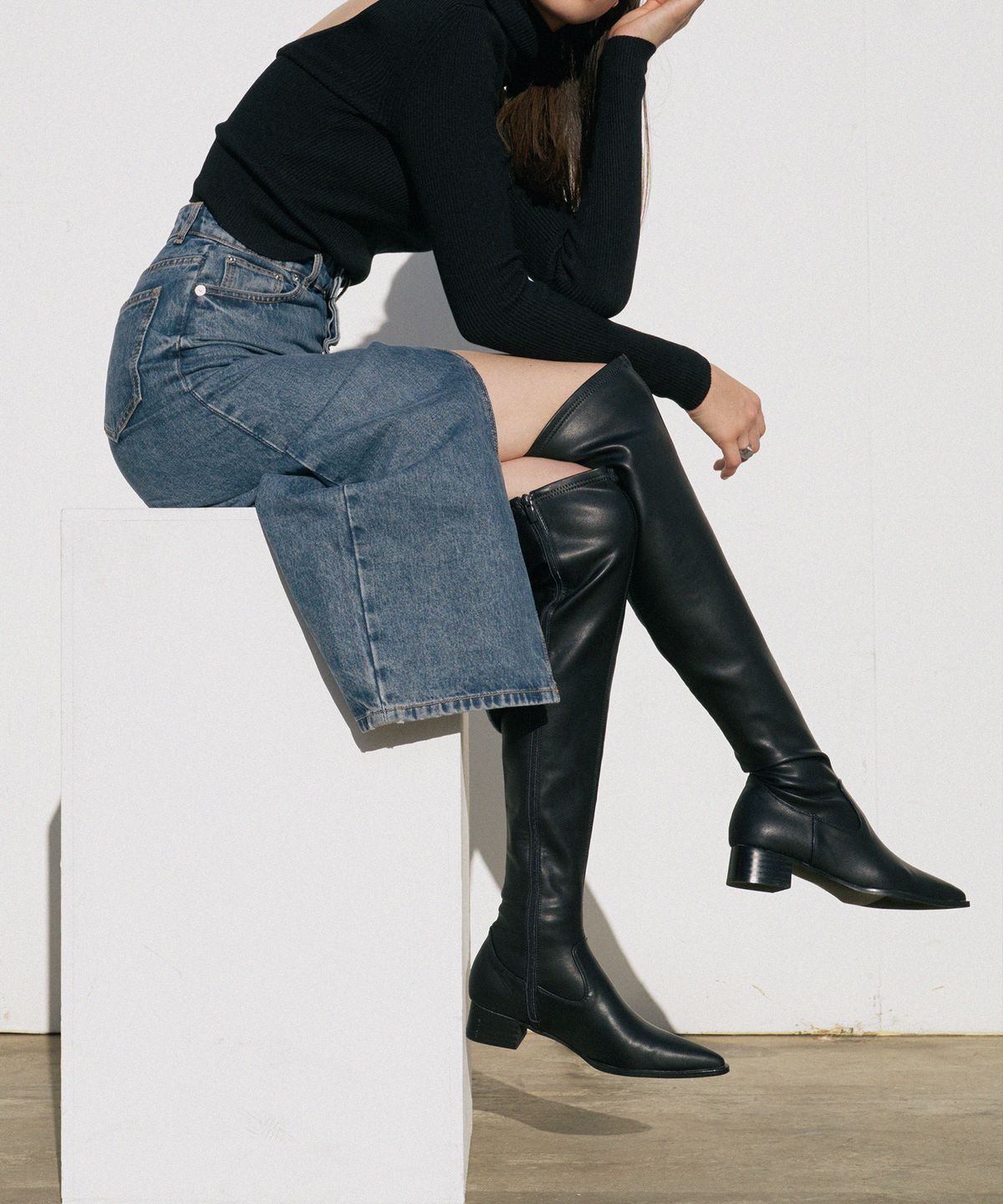 무드나잇(MOODNIGHT) HARPER Knee high boots - 4color 4cm 스판 니하이 플랫부츠