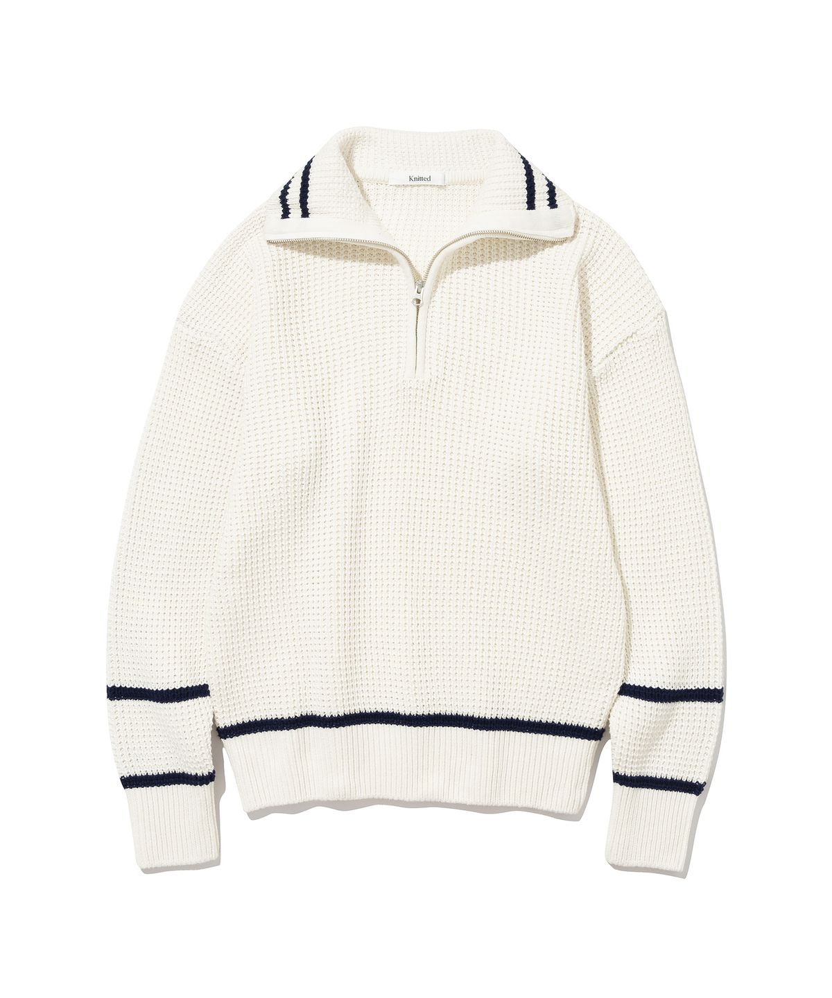 니티드(KNITTED) 소프트코튼 헤비 와플 하프 집업 니트 IVORY/NAVY