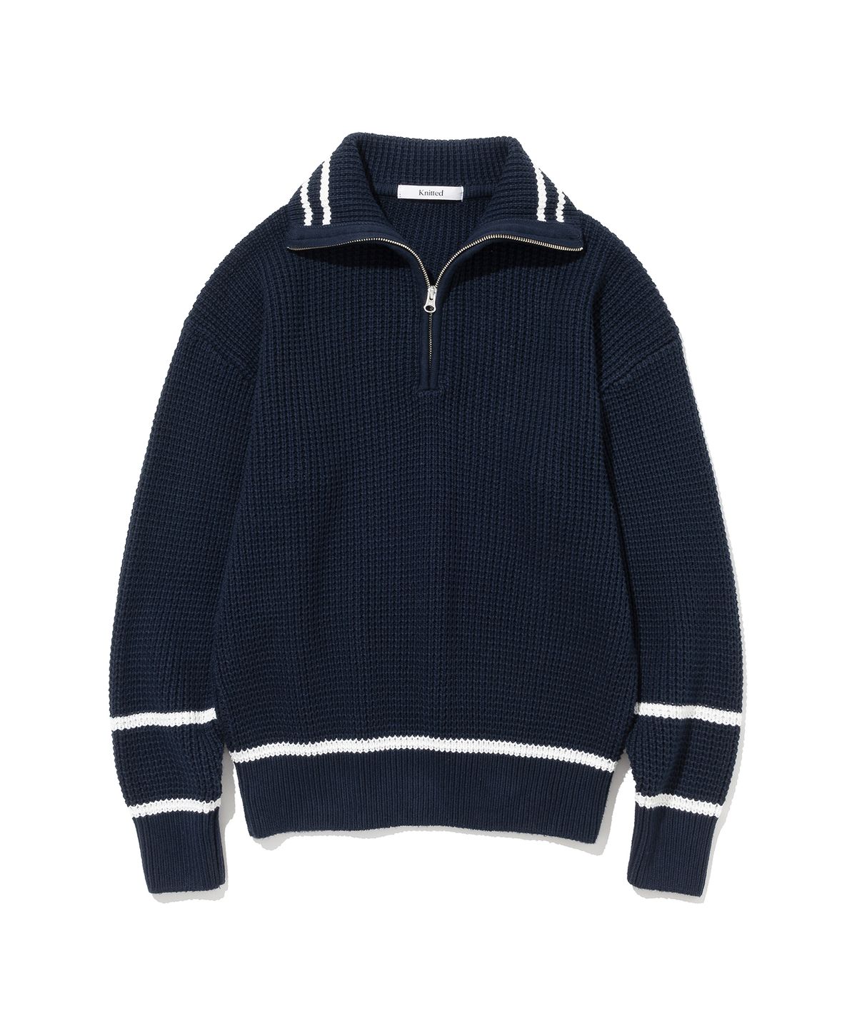 니티드(KNITTED) 소프트코튼 헤비 와플 하프 집업 니트 NAVY/IVORY