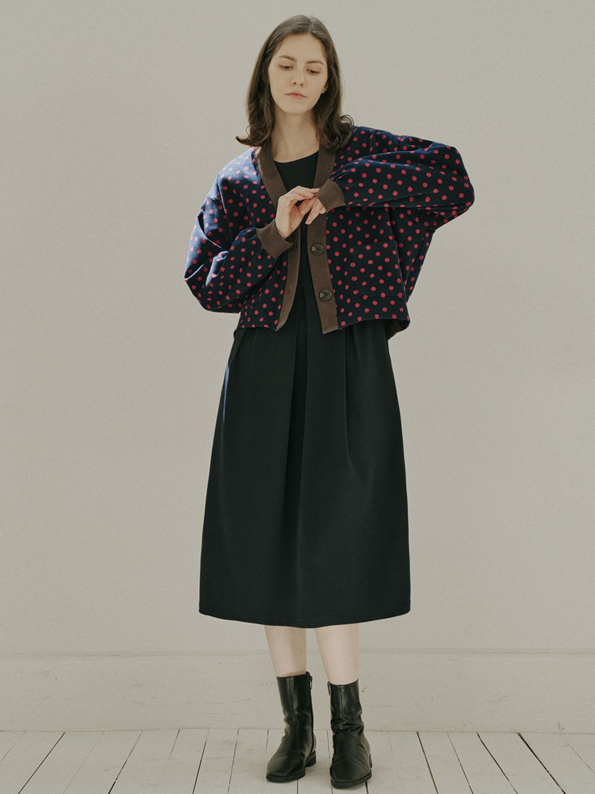 아방(AVANT-G) Dot Jacquard Knit Cardigan - NAVY