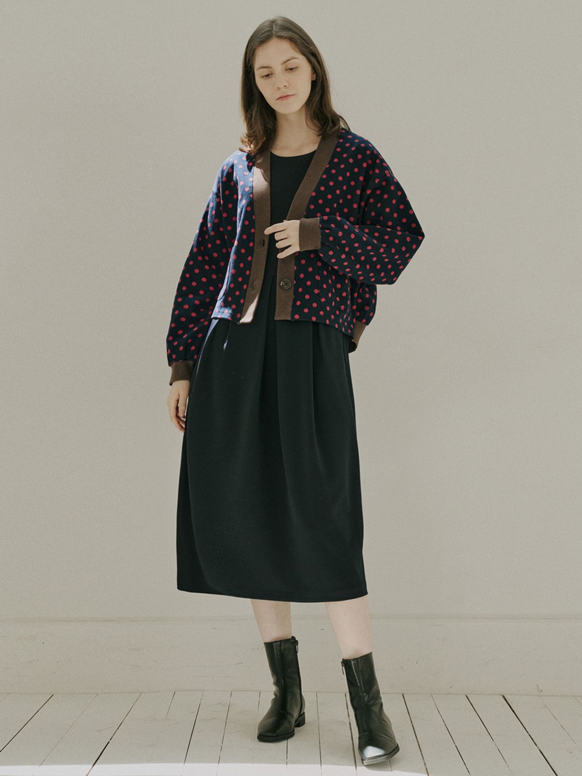 아방(AVANT-G) Dot Jacquard Knit Cardigan - NAVY