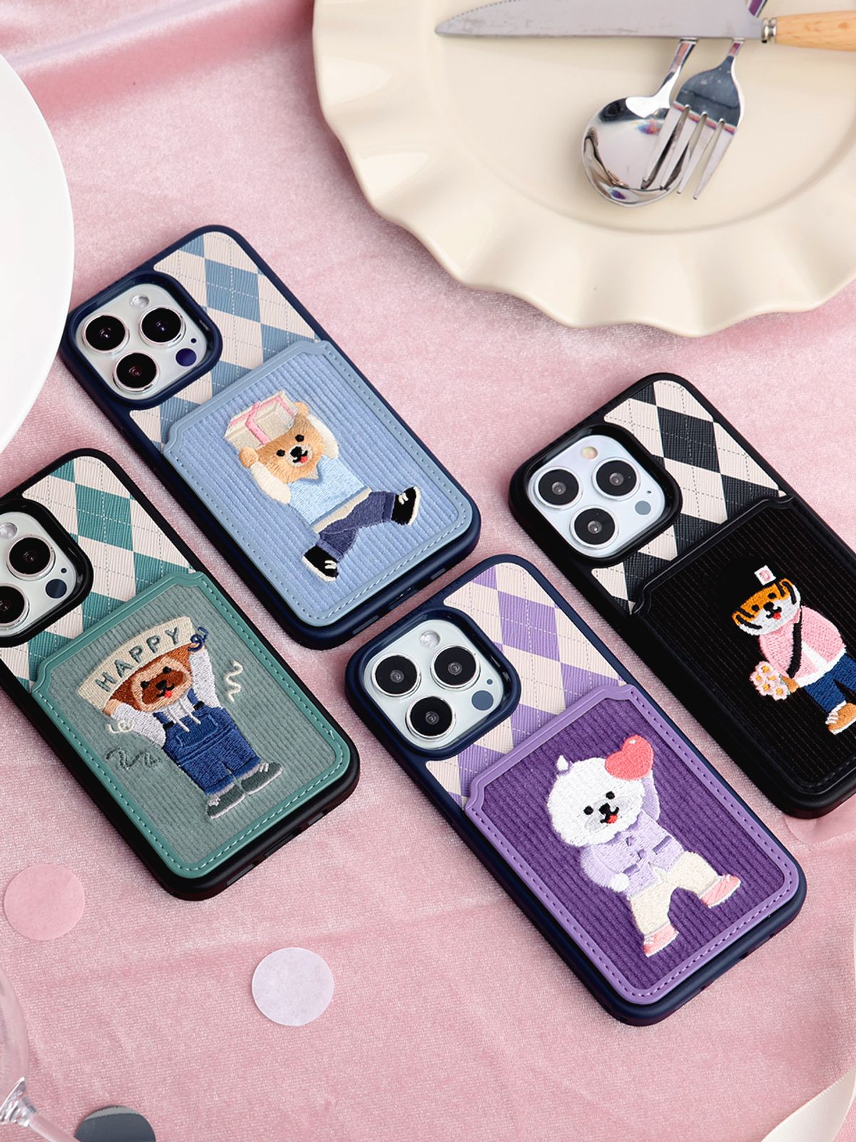 디자인스킨(DESIGNSKIN) 코듀로이 자수 카드 포켓 파티 케이스-블루 브로