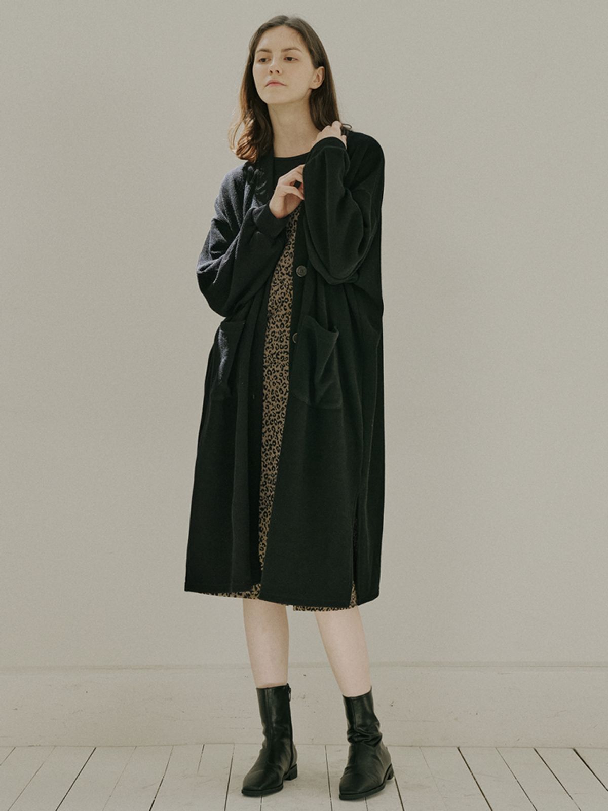 아방(AVANT-G) Oversize Long Knit Cardigan - BLACK
