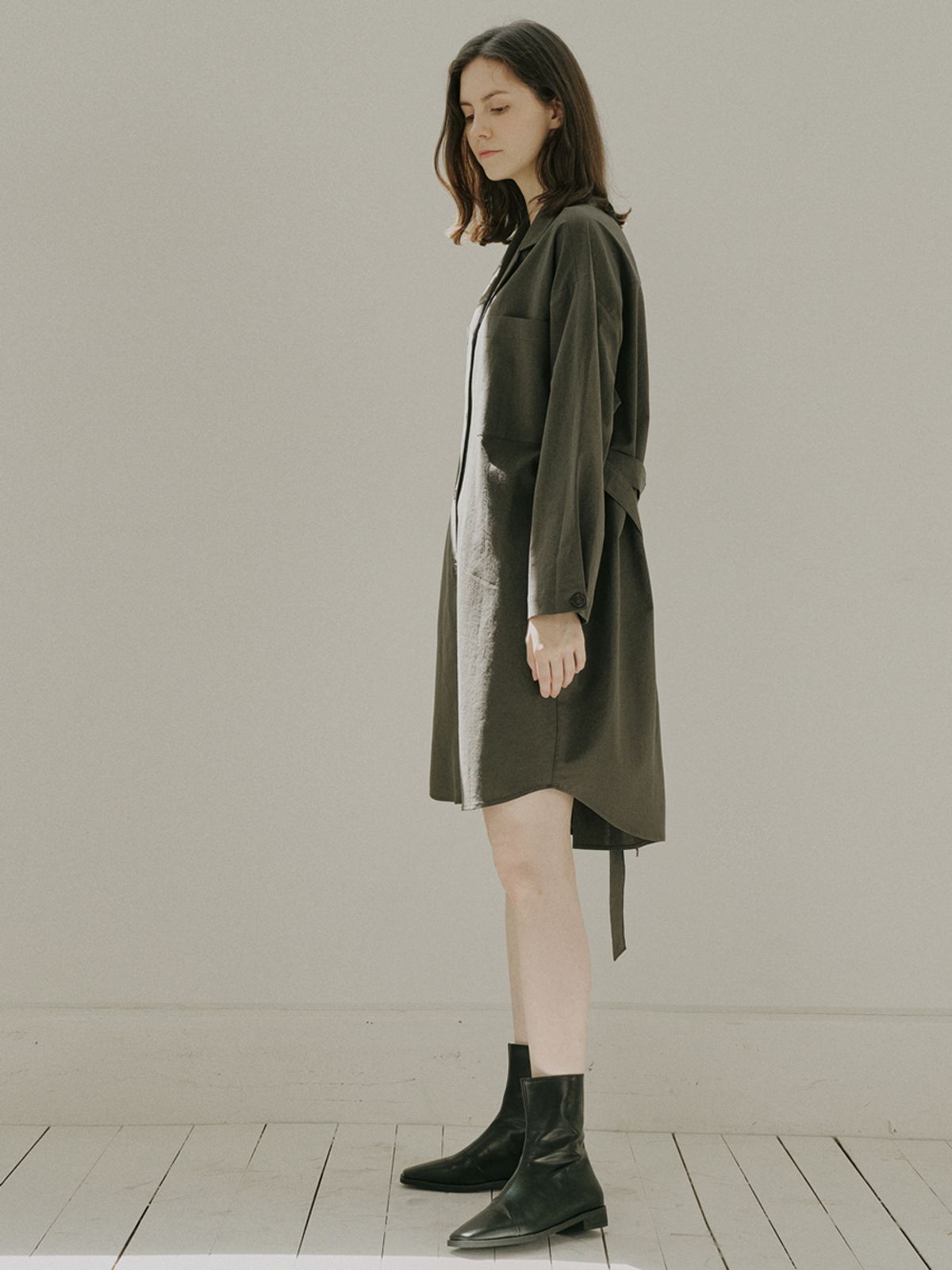 아방(AVANT-G) Overfit Shirt Long Sleeve Dress - KHAKI