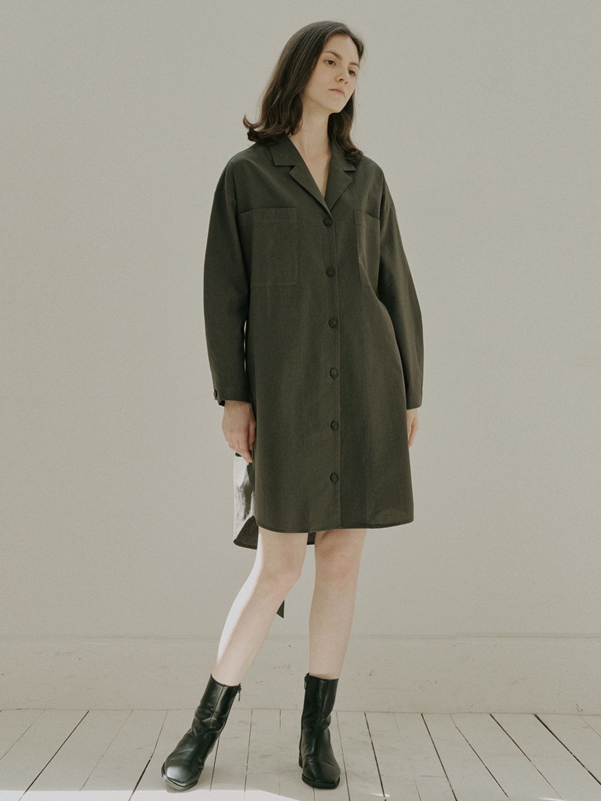 아방(AVANT-G) Overfit Shirt Long Sleeve Dress - KHAKI