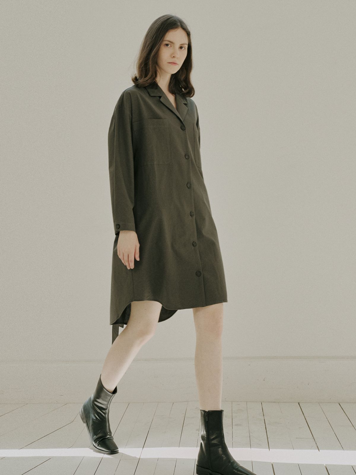 아방(AVANT-G) Overfit Shirt Long Sleeve Dress - KHAKI