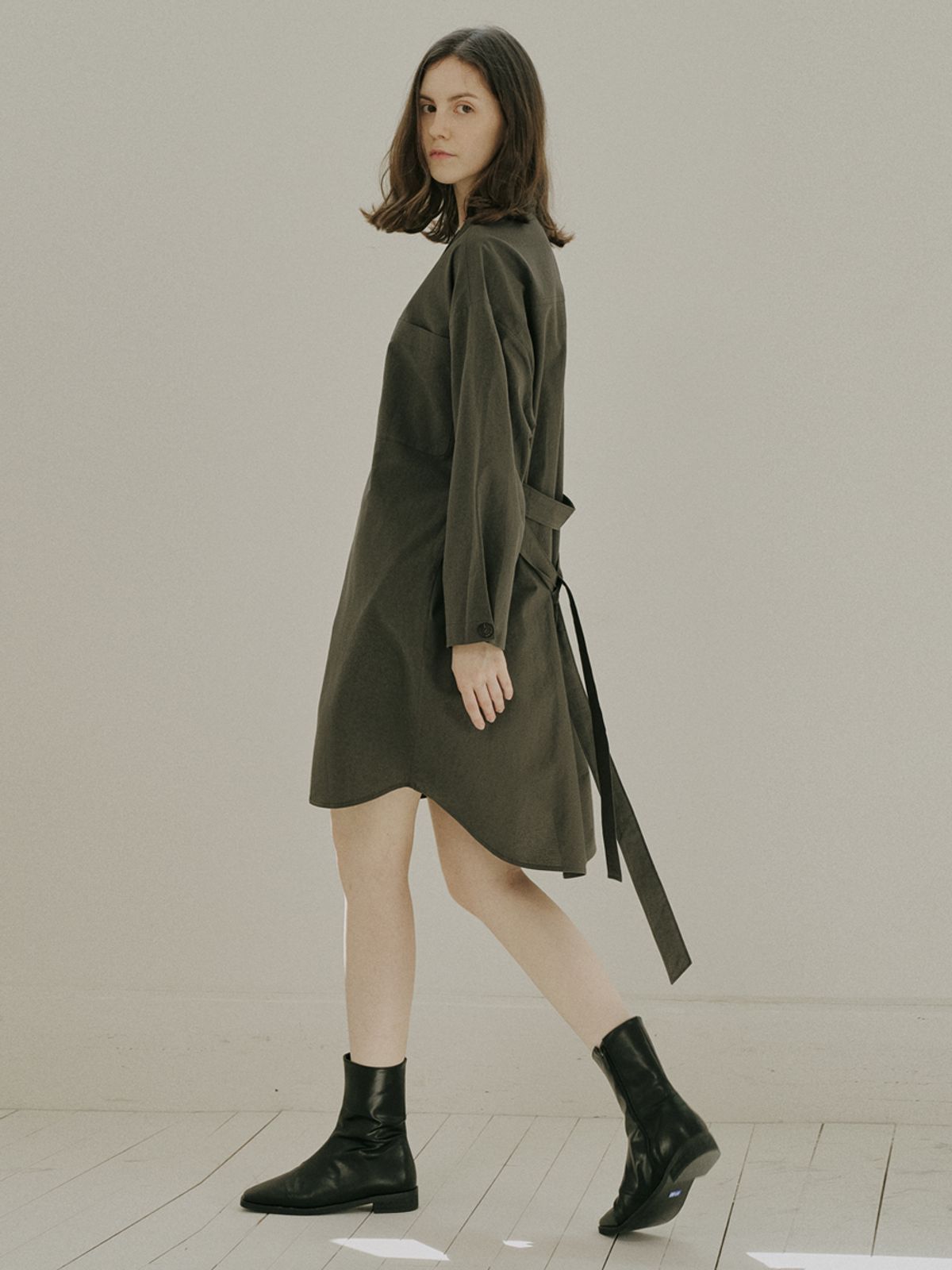 아방(AVANT-G) Overfit Shirt Long Sleeve Dress - KHAKI