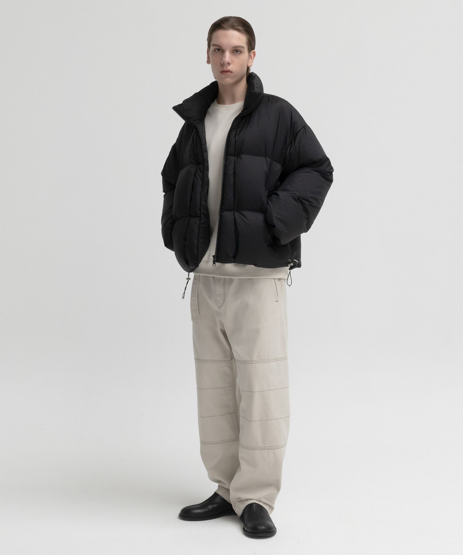 Drawstring Ripstop down puffer jacket BLACK