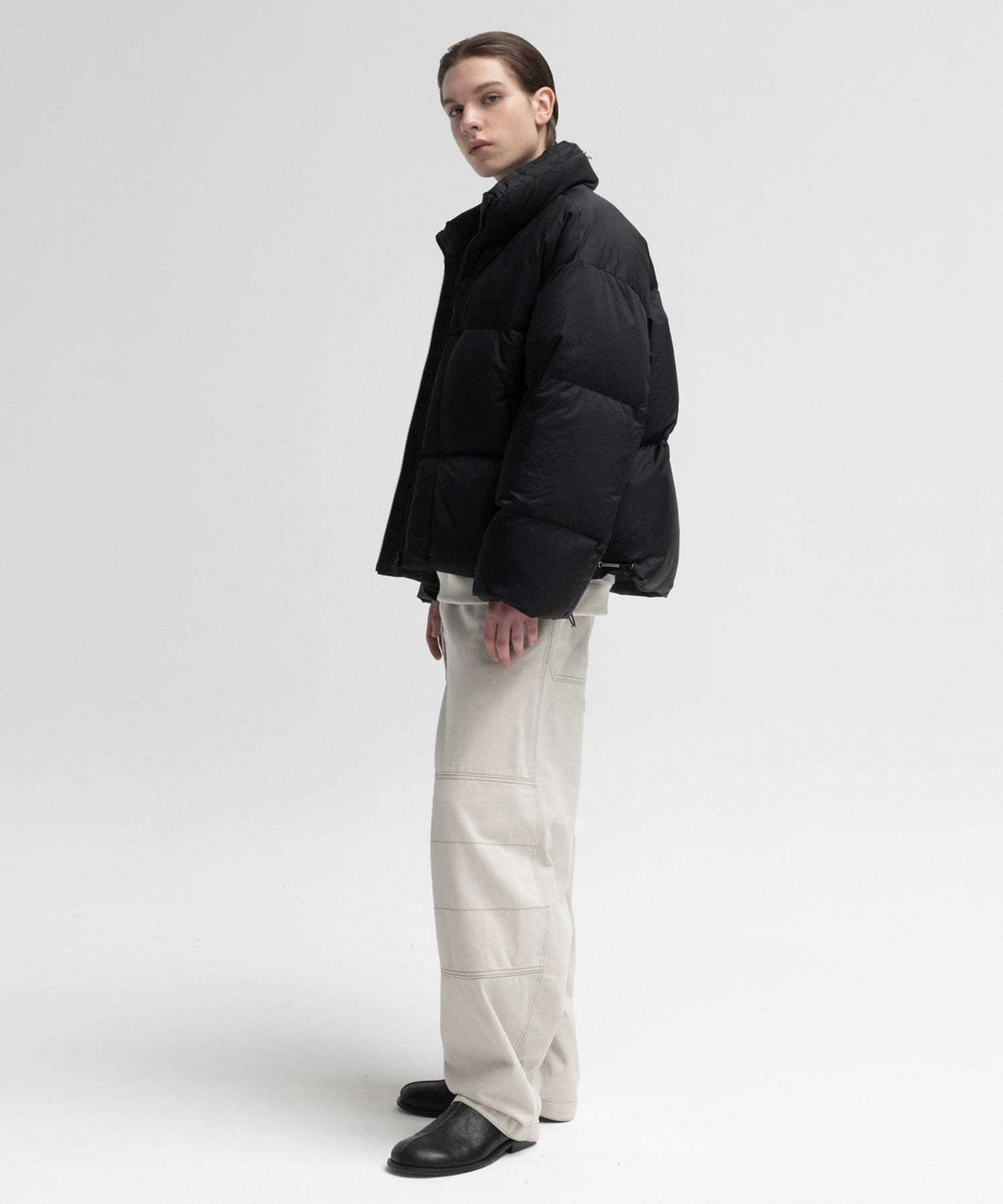 Drawstring Ripstop down puffer jacket BLACK