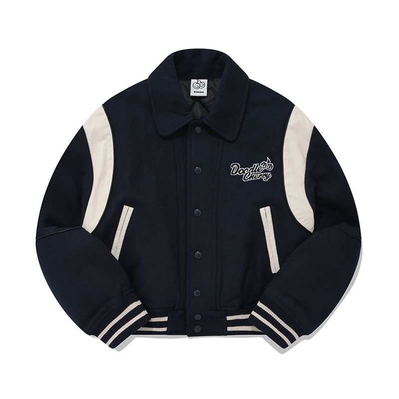 MUSINSA | KIRSH Doodle Cherry Varsity Jacket [Navy]