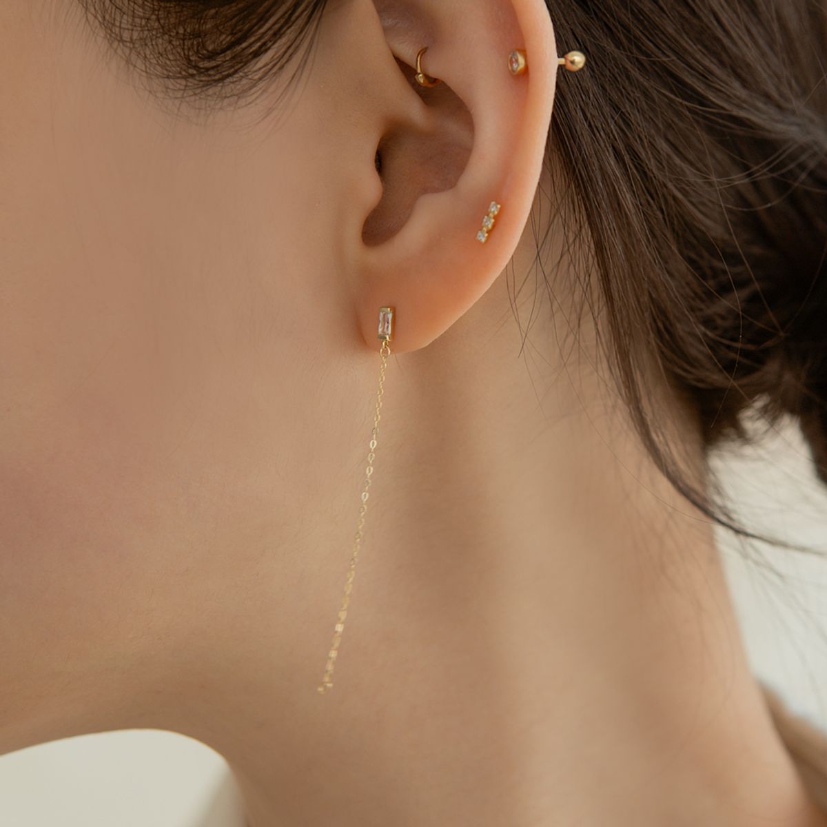 룬느(LUNNE) 14k 바게트 체인 드롭 귀걸이 (14k골드) A12