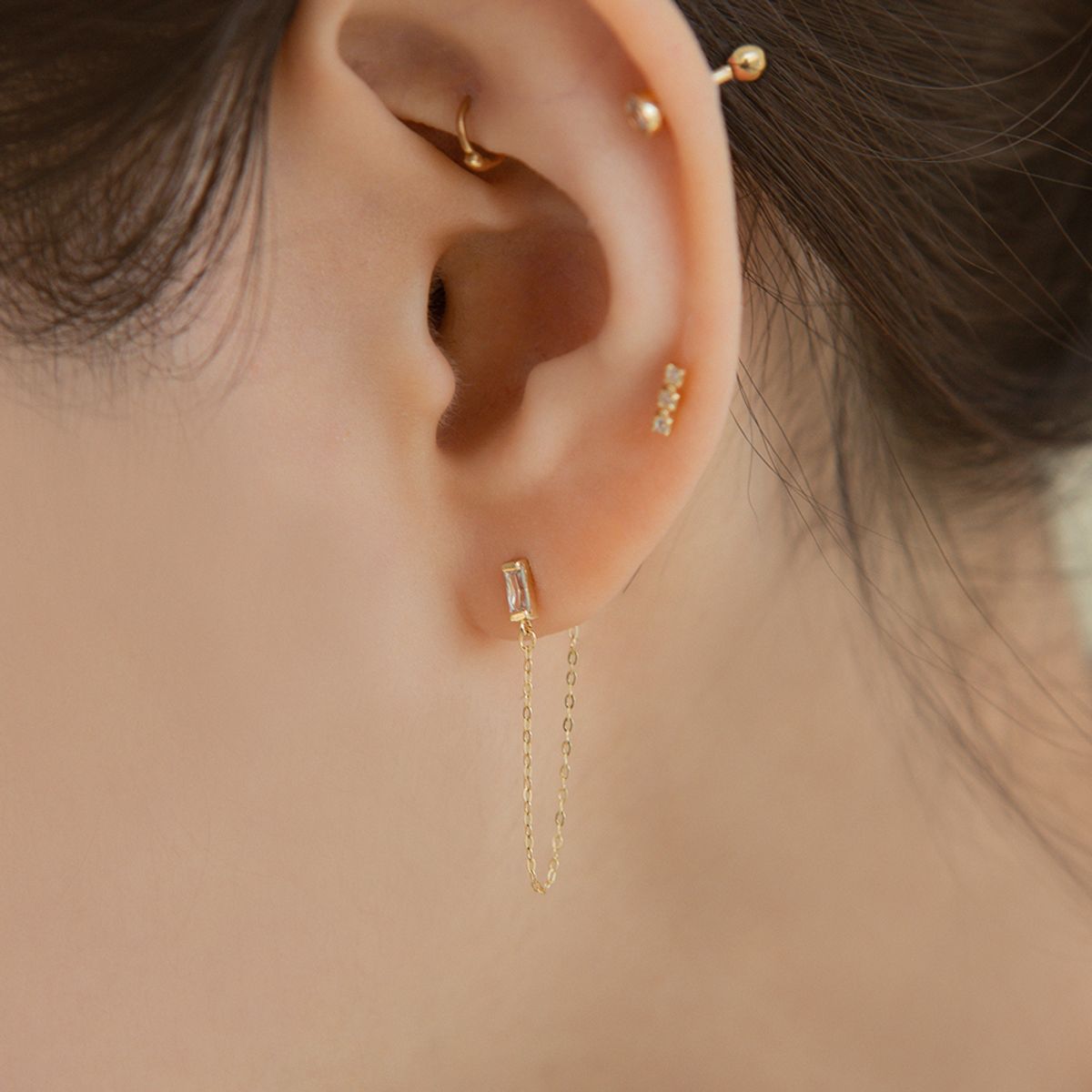 룬느(LUNNE) 14k 바게트 체인 드롭 귀걸이 (14k골드) A12