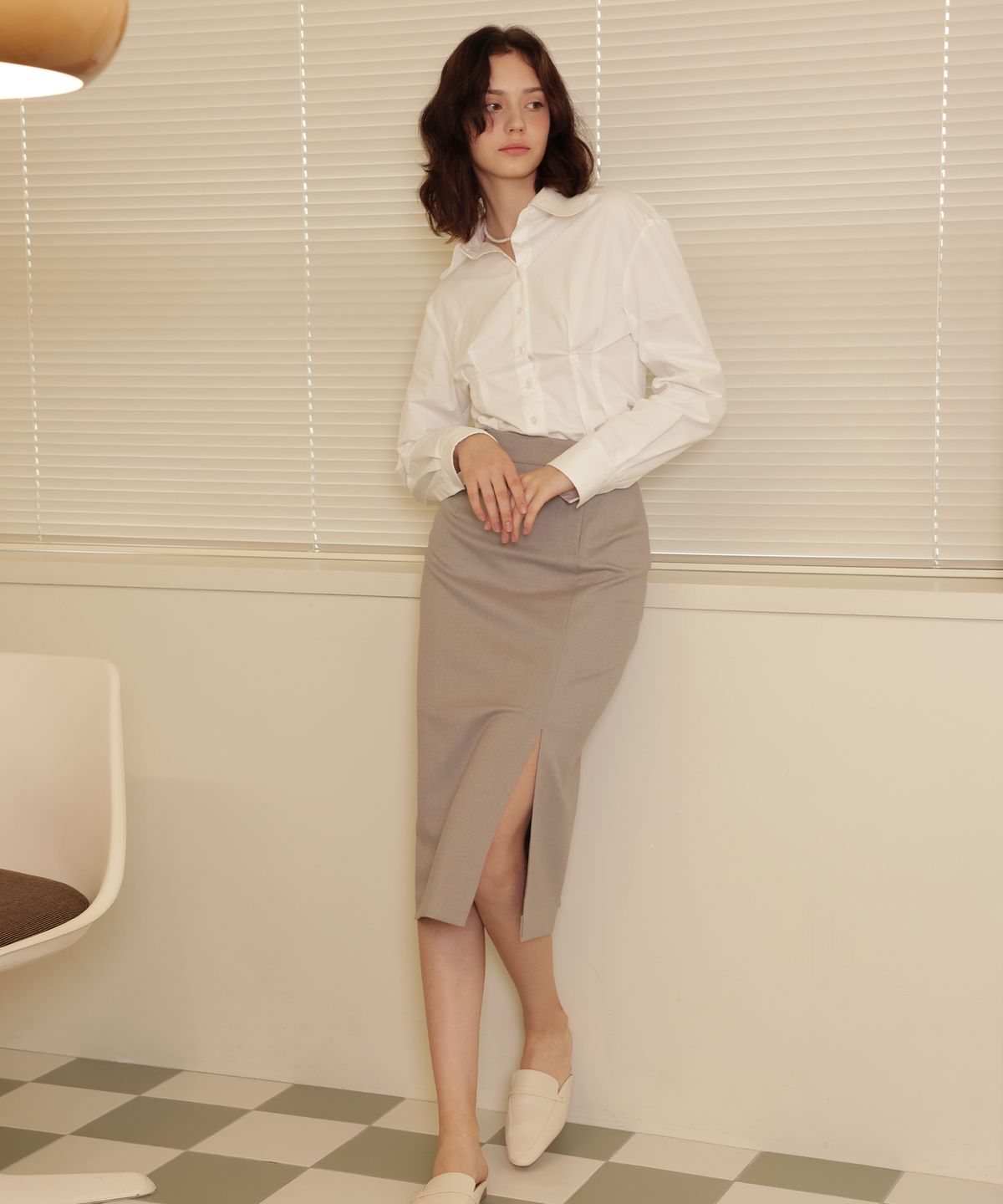 러브참(LOVECHARM) [제넷 펜슬 스커트_그레이 베이지]Jennet Pencil Skirt_Grey Beige
