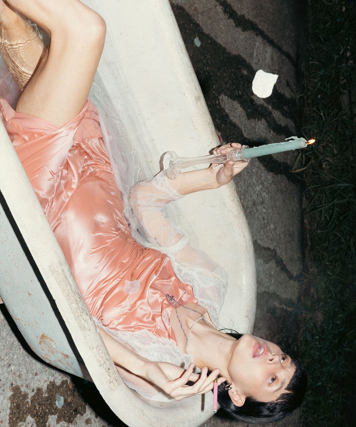 스컬프터(SCULPTOR) Unbalance Cowl Satin Dress Coral