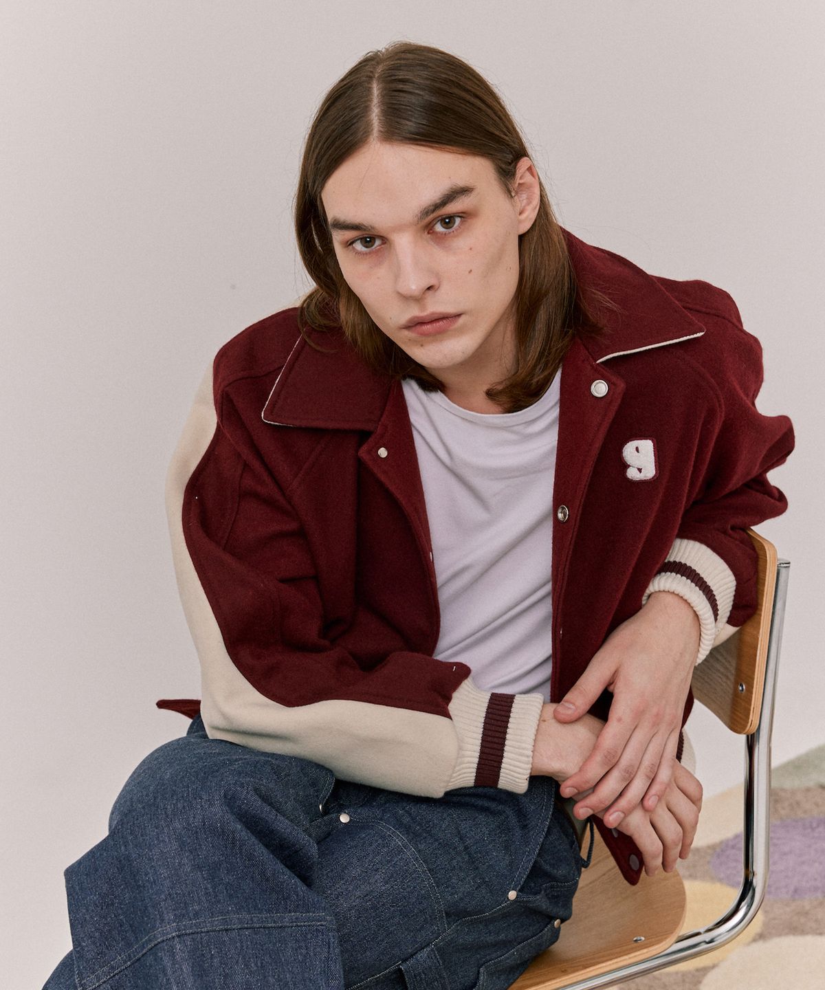그리미(GREEMY) LOVE HEART VARSITY JACKET - BURGUNDY