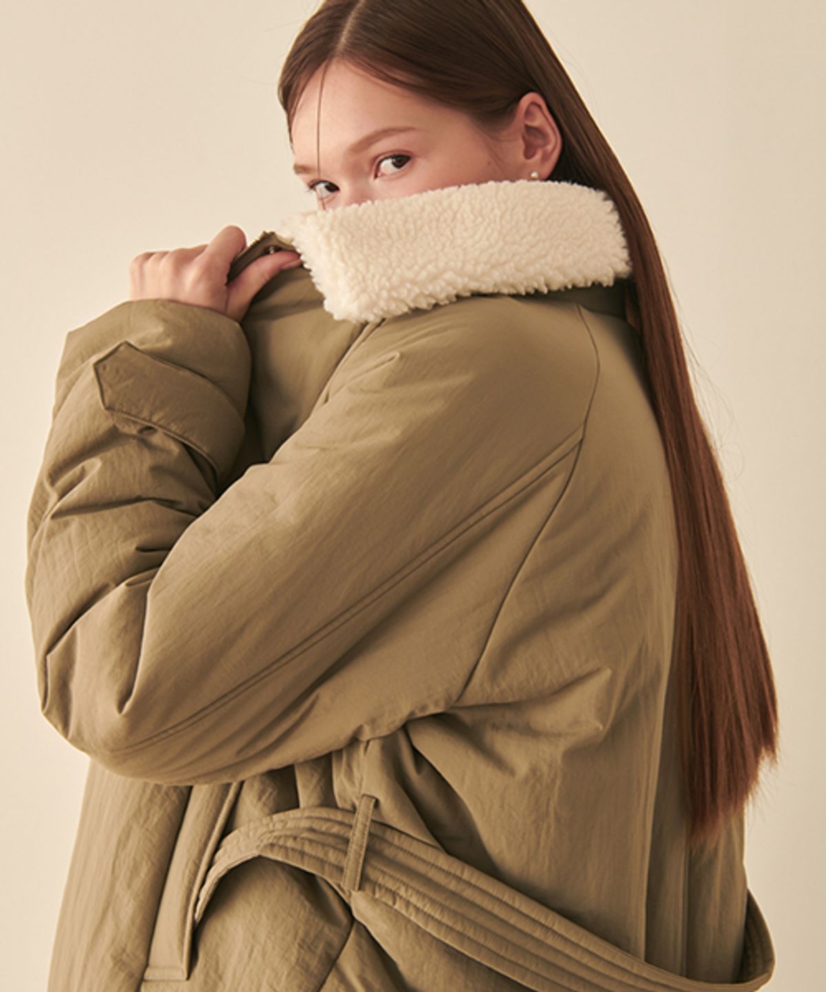 론론(RONRON) BELTED PADDING COAT Khaki Beige