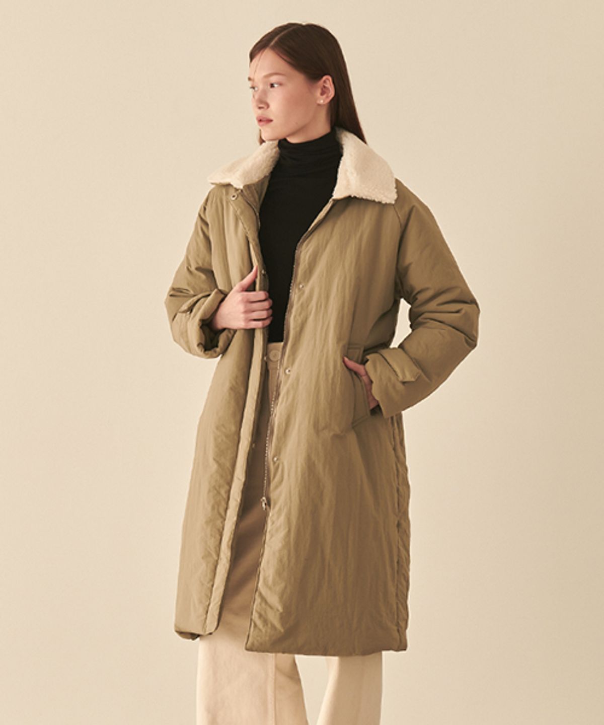 론론(RONRON) BELTED PADDING COAT Khaki Beige