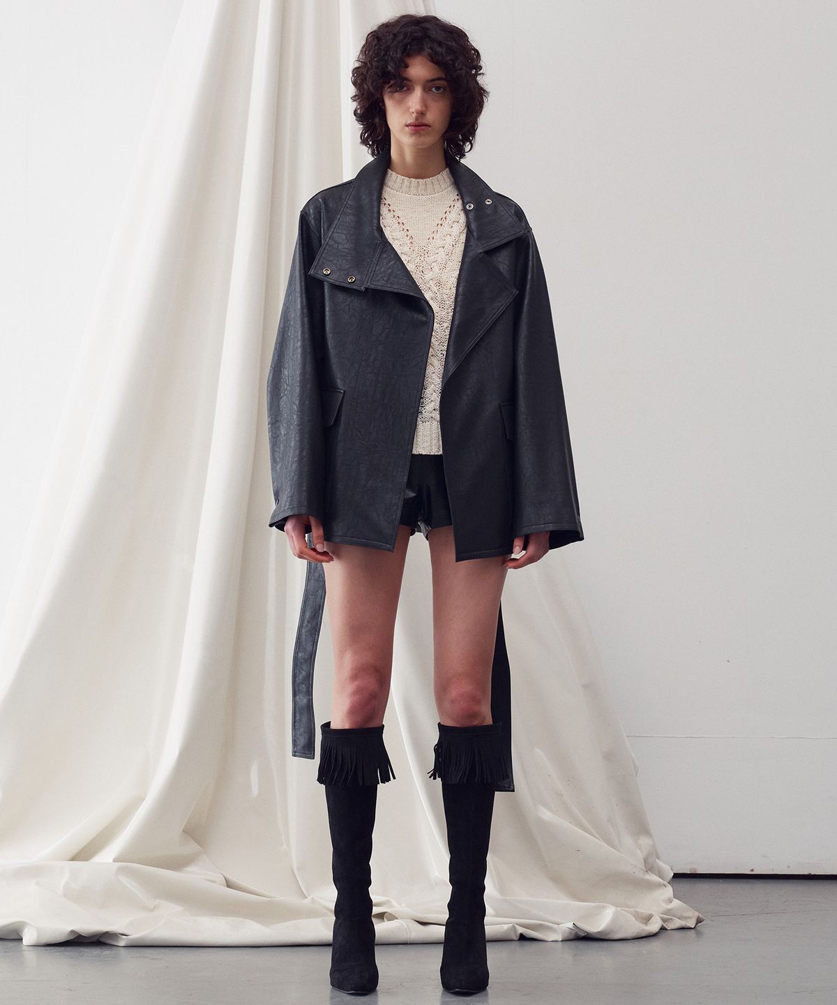 리이(RE RHEE) FUNNEL NECK TIE WAIST VEGAN LEATHER JACKET