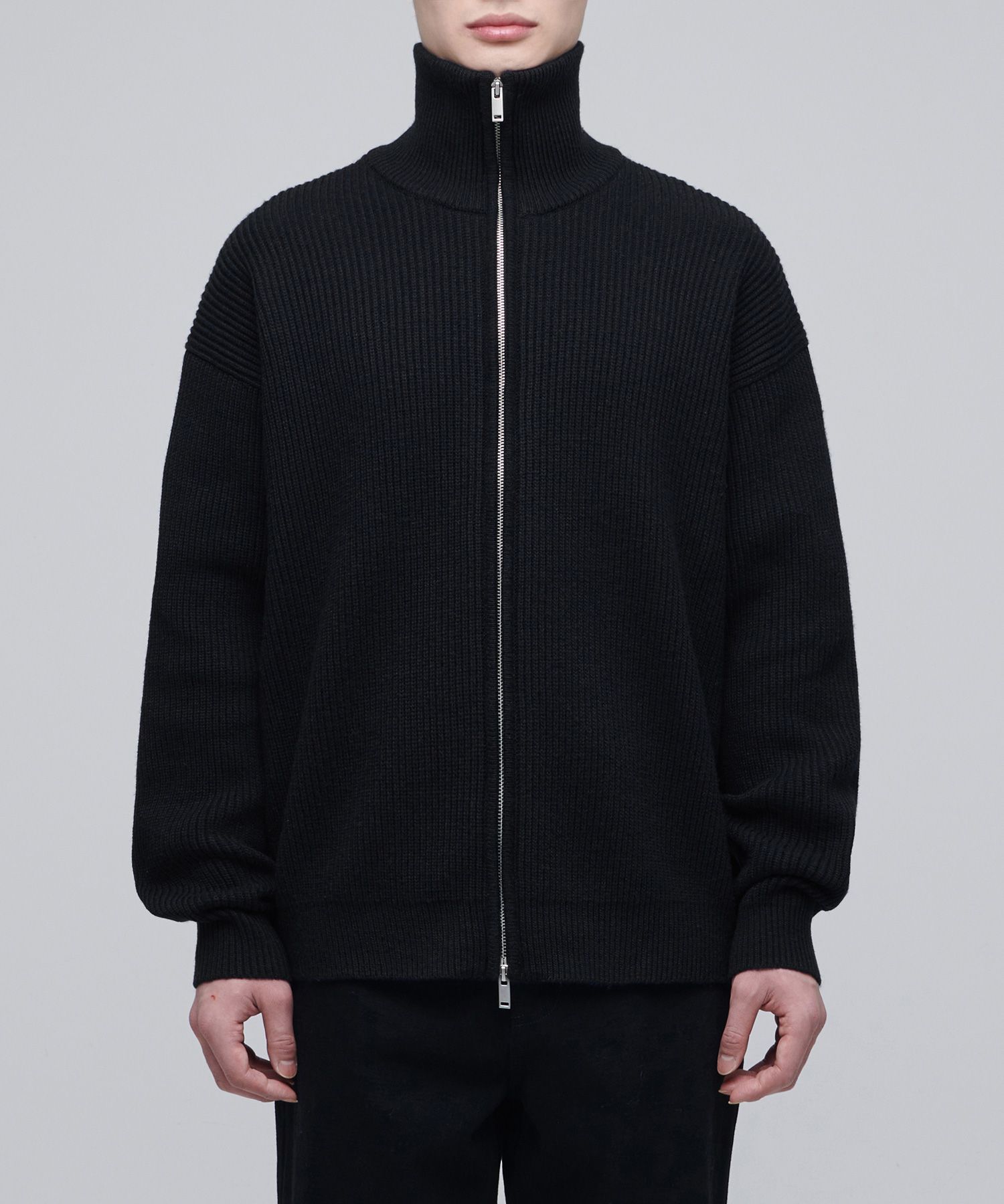 MUSINSA | MUSINSA STANDARD Relaxed Ribbed Knit Zip-Up [Black]