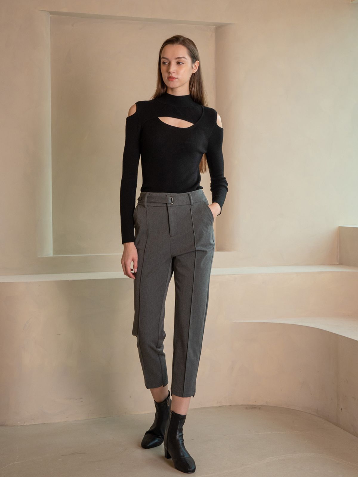 웬스데이딜라잇(WEDNESDAY DELIGHT) WED Belted straight trousers_gray