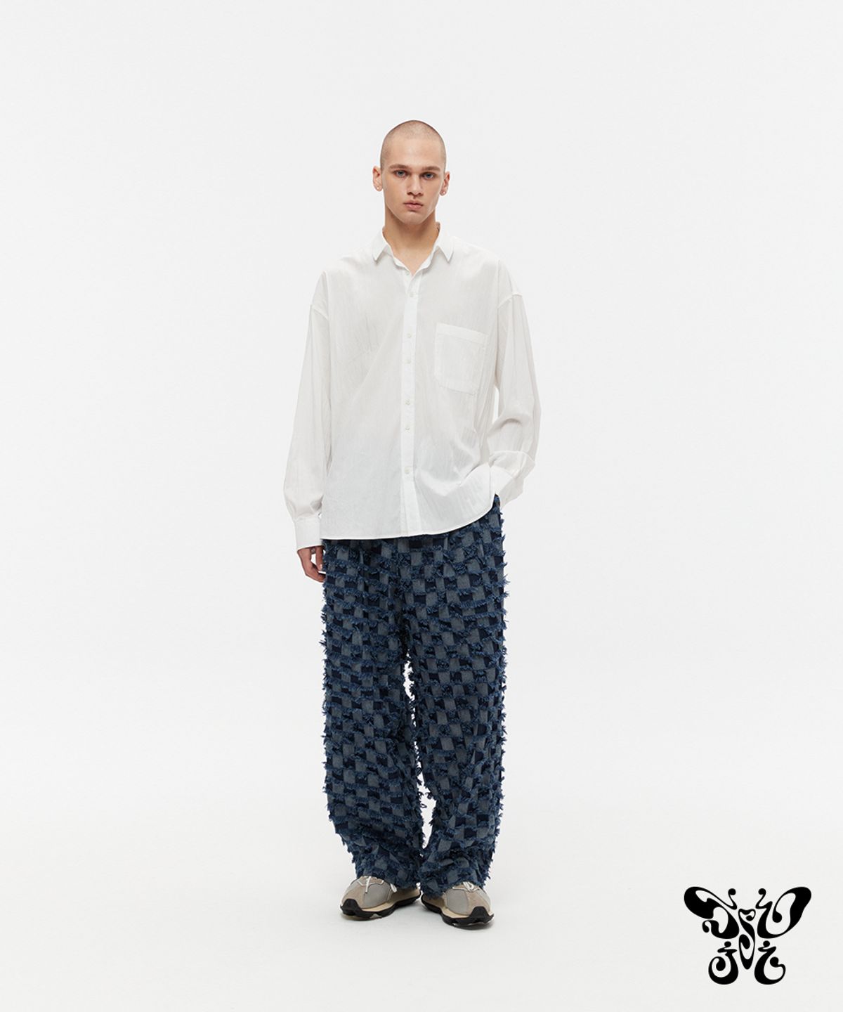 쏘지(SSOJI) 체커 컷팅 세미와이드 밴딩 데님