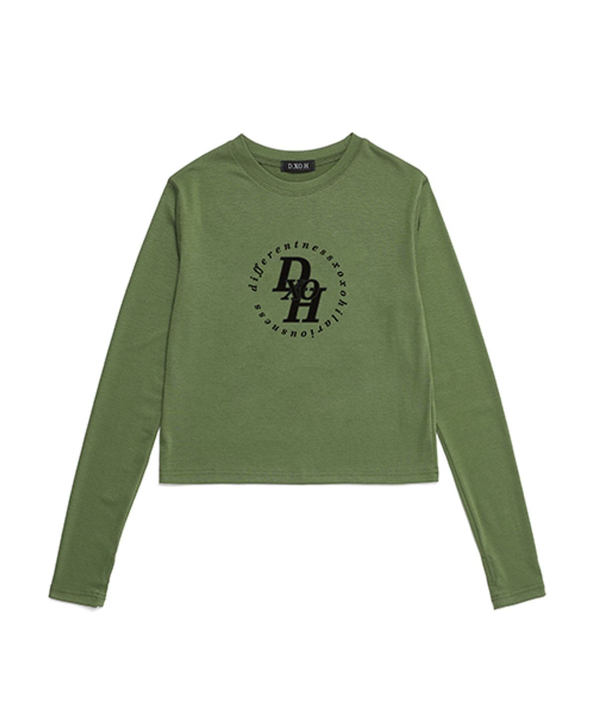 디쏘에이치(D.XO.H) 서클 스택 로고 세미 워머 크롭티 [ OLIVE GREEN ]