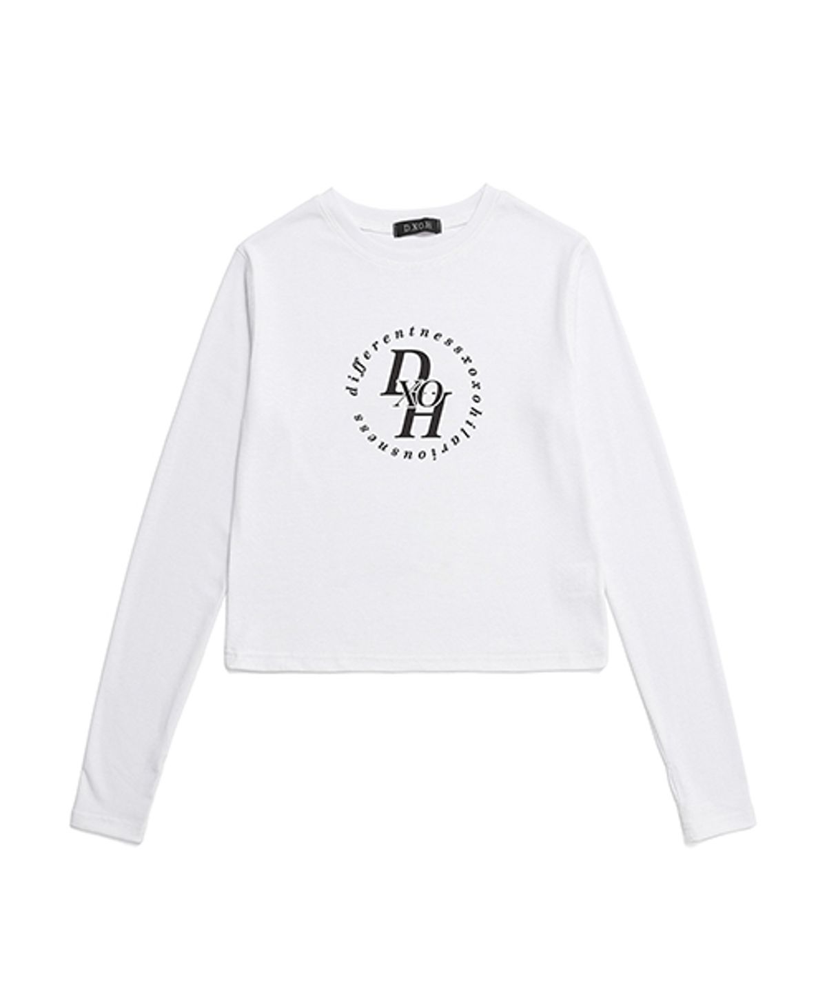 디쏘에이치(D.XO.H) 서클 스택 로고 세미 워머 크롭티 [ WHITE ]