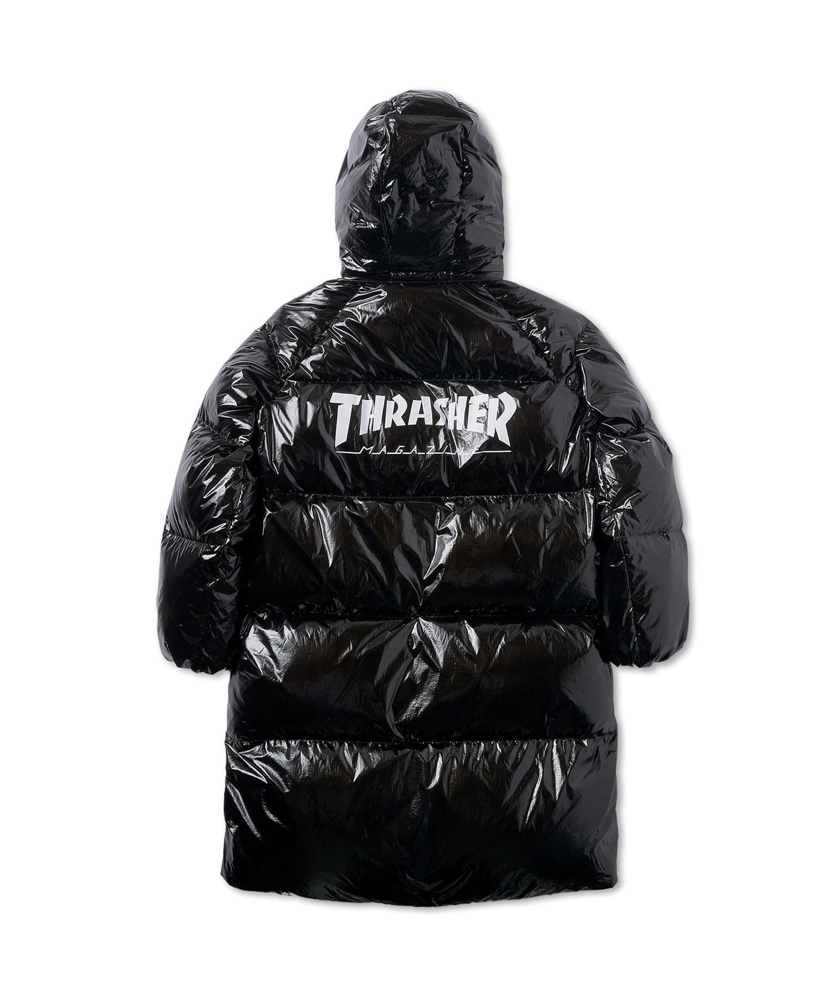 트레셔(THRASHER) 매거진 로고 글로시 오버핏 롱 푸퍼 블랙