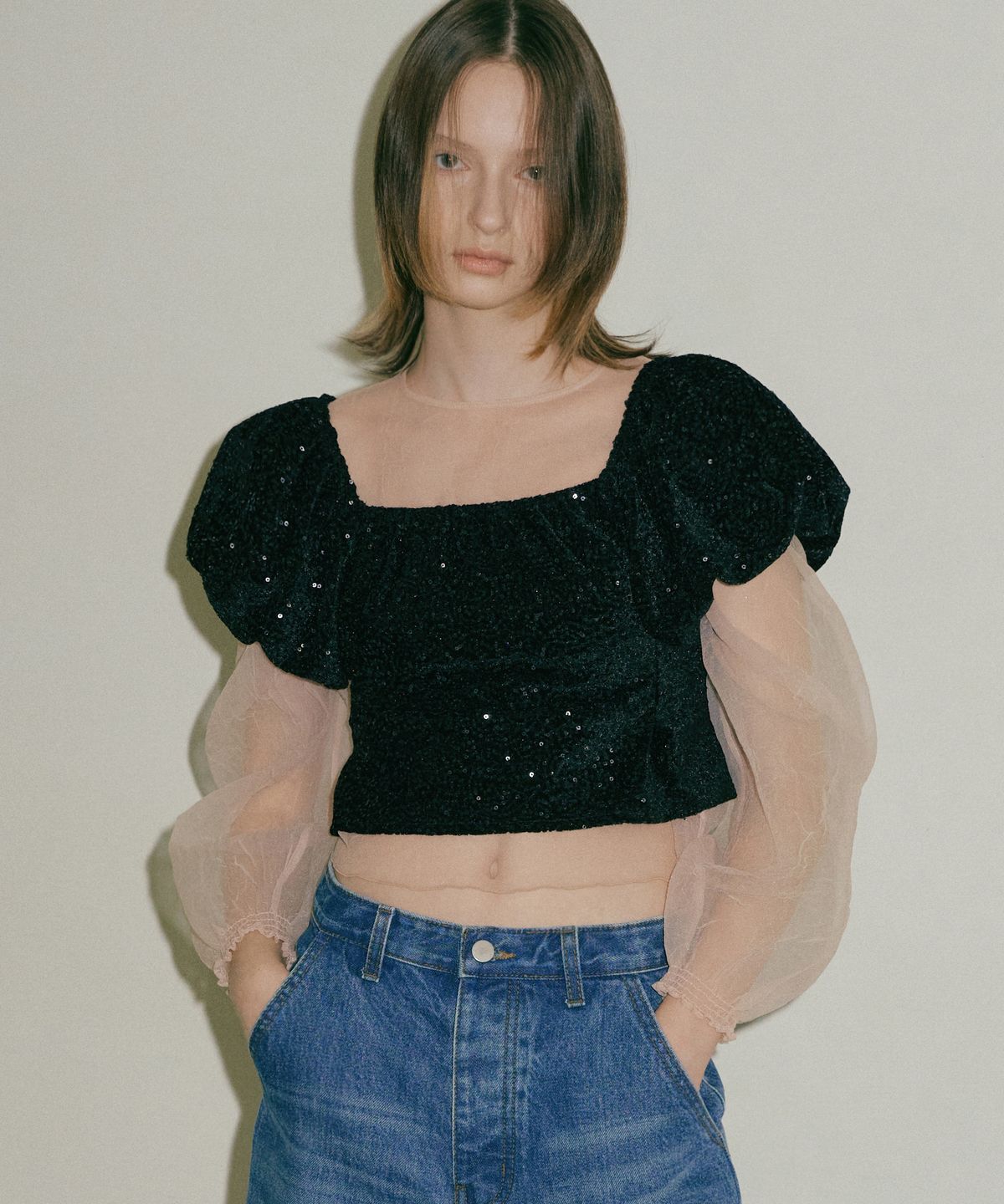 오버듀플레어(OVERDUEFLAIR) [SLIP TOP SET]ORGANDY BALLOON BLOUSE