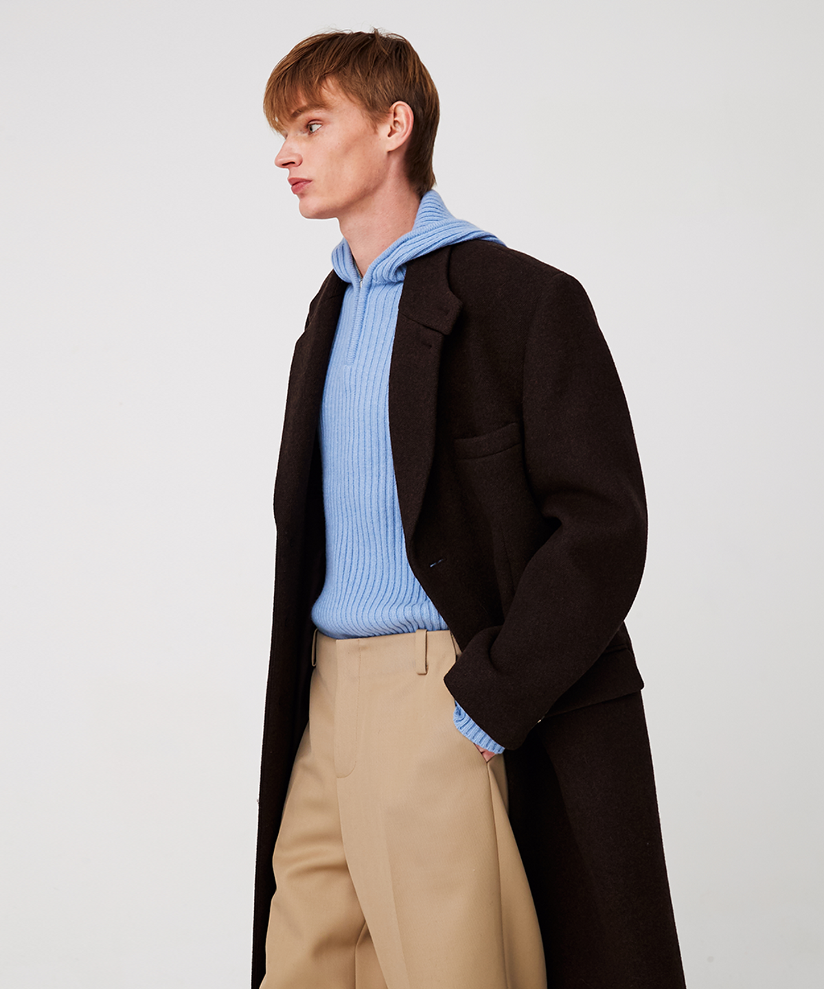 문선(MOONSUN) 2-Way Collar Button Long Coat [Brown Twill]