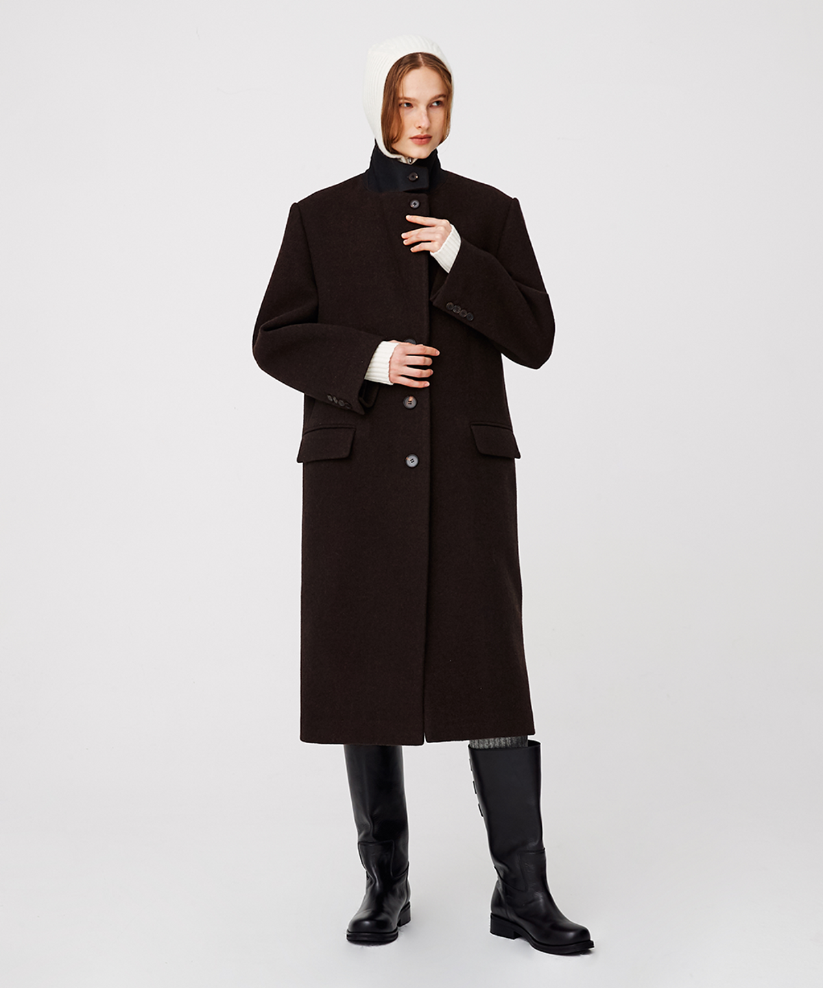 문선(MOONSUN) 2-Way Collar Button Long Coat [Brown Twill]