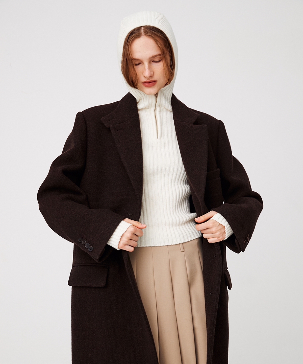 문선(MOONSUN) 2-Way Collar Button Long Coat [Brown Twill]