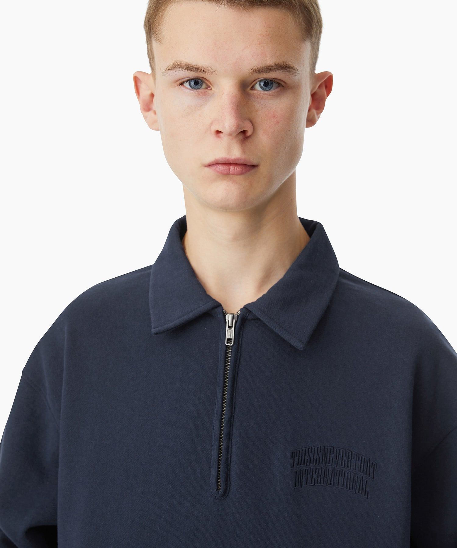 MUSINSA | thisisneverthat® (FW22) Half Zip Polo Sweatshirt Navy