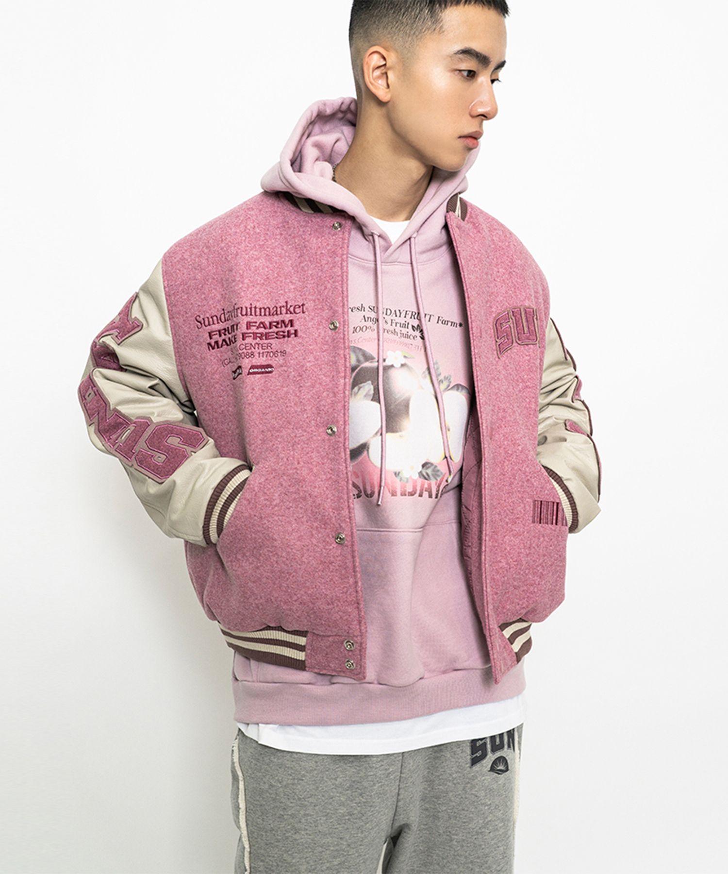 ★関税込★SUNDAY FRUIT MARKET★SUNDAY VARSITY JACKET★ MUSINSA公式 | SUNDAY FRUIT MARKET SUNDAY VARSITY JACKET PINK