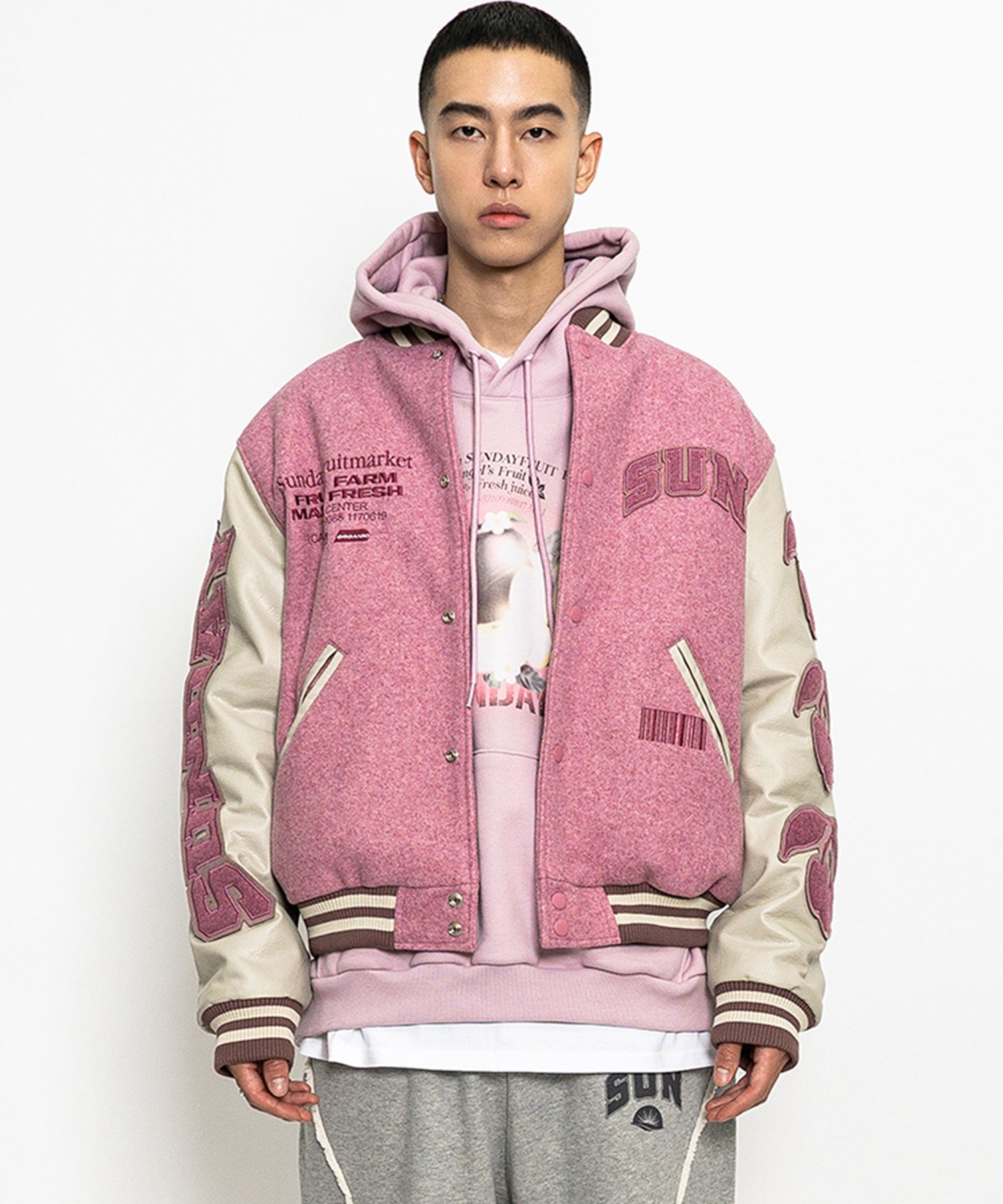 ★関税込★SUNDAY FRUIT MARKET★SUNDAY VARSITY JACKET★ MUSINSA公式 | SUNDAY FRUIT MARKET SUNDAY VARSITY JACKET PINK