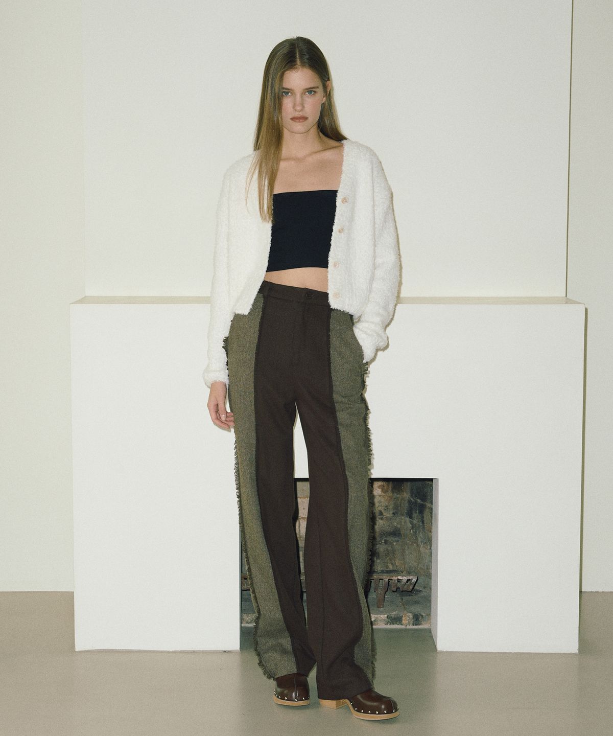 에트몽(ETMON) Color Block Fringe Pants  Brown