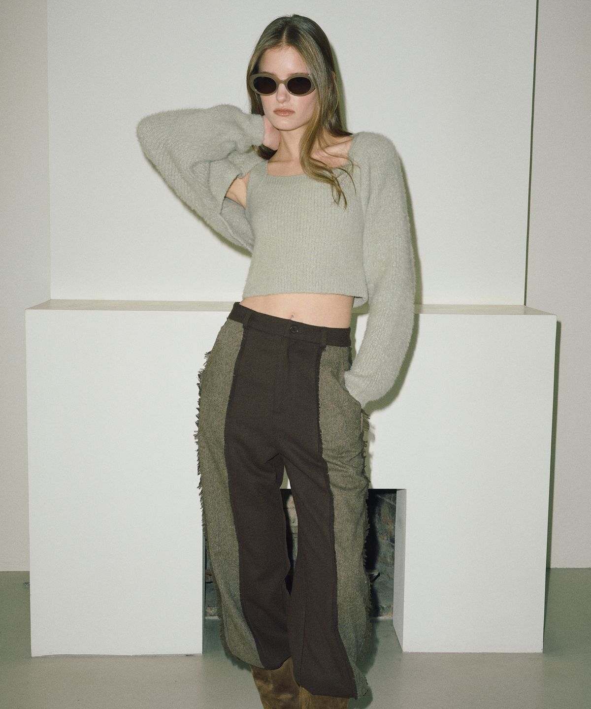 에트몽(ETMON) Color Block Fringe Pants  Brown