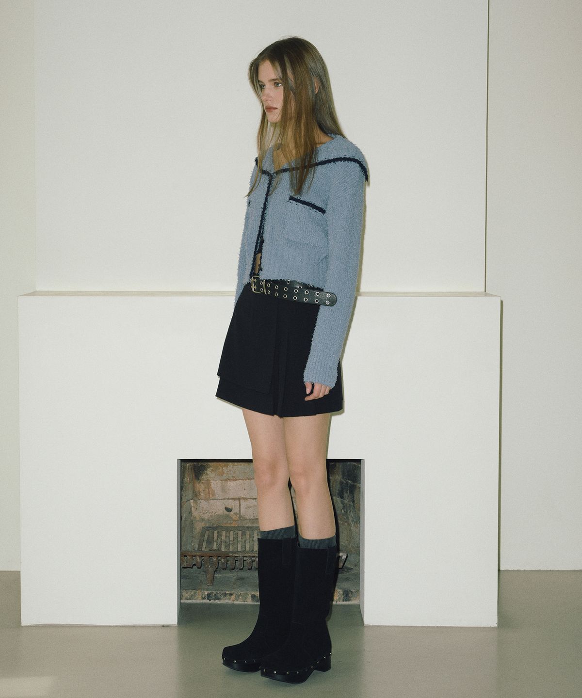 에트몽(ETMON) Shawl Sailor Collar Knit Cardigan  Blue