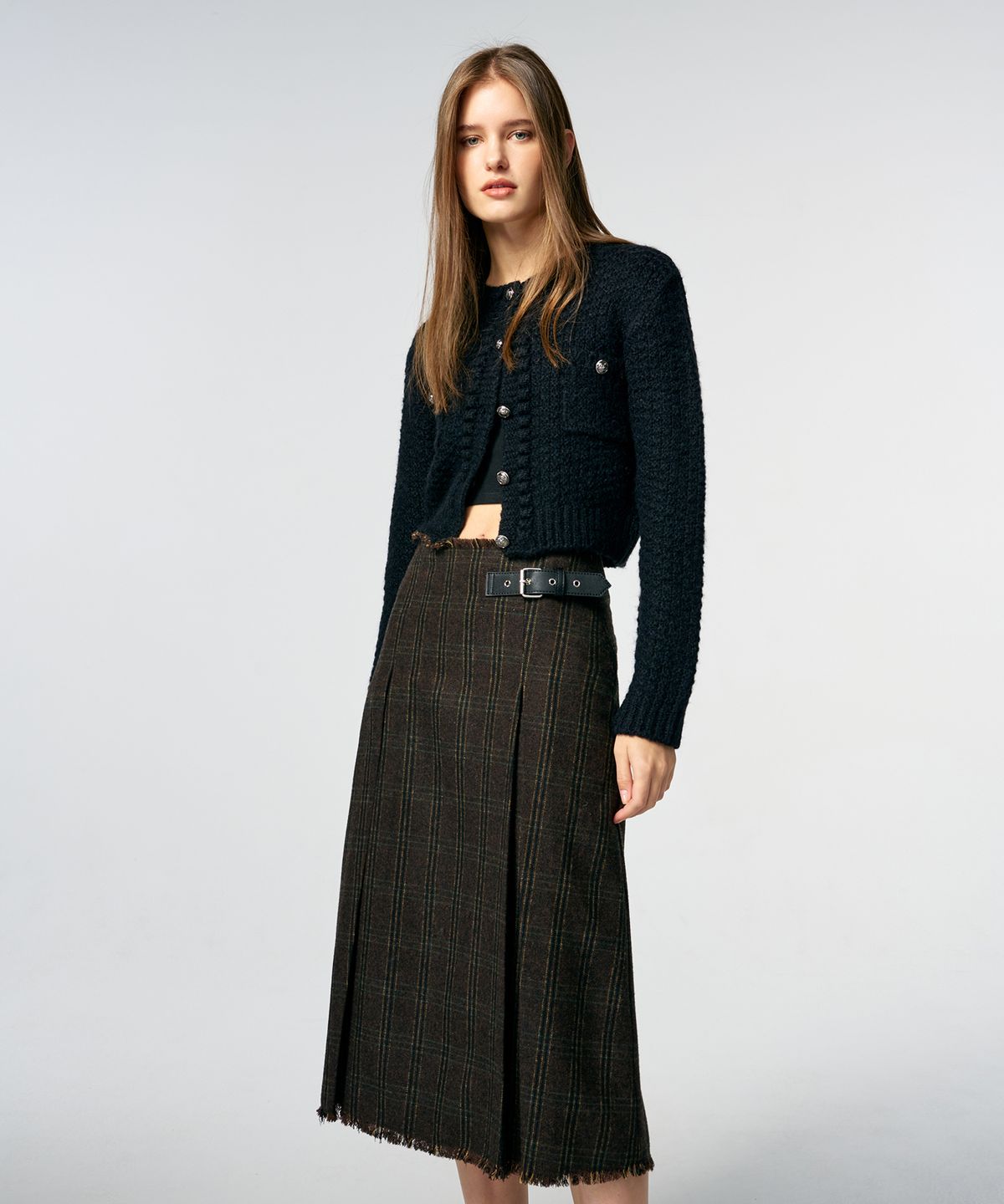 에트몽(ETMON) Buckle Pleated Fringe Skirt  Brown