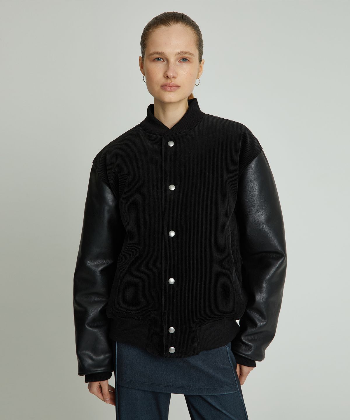 앤드로스(ANDROS) Corduroy Calf Leather Crop Down Jumper (Black)