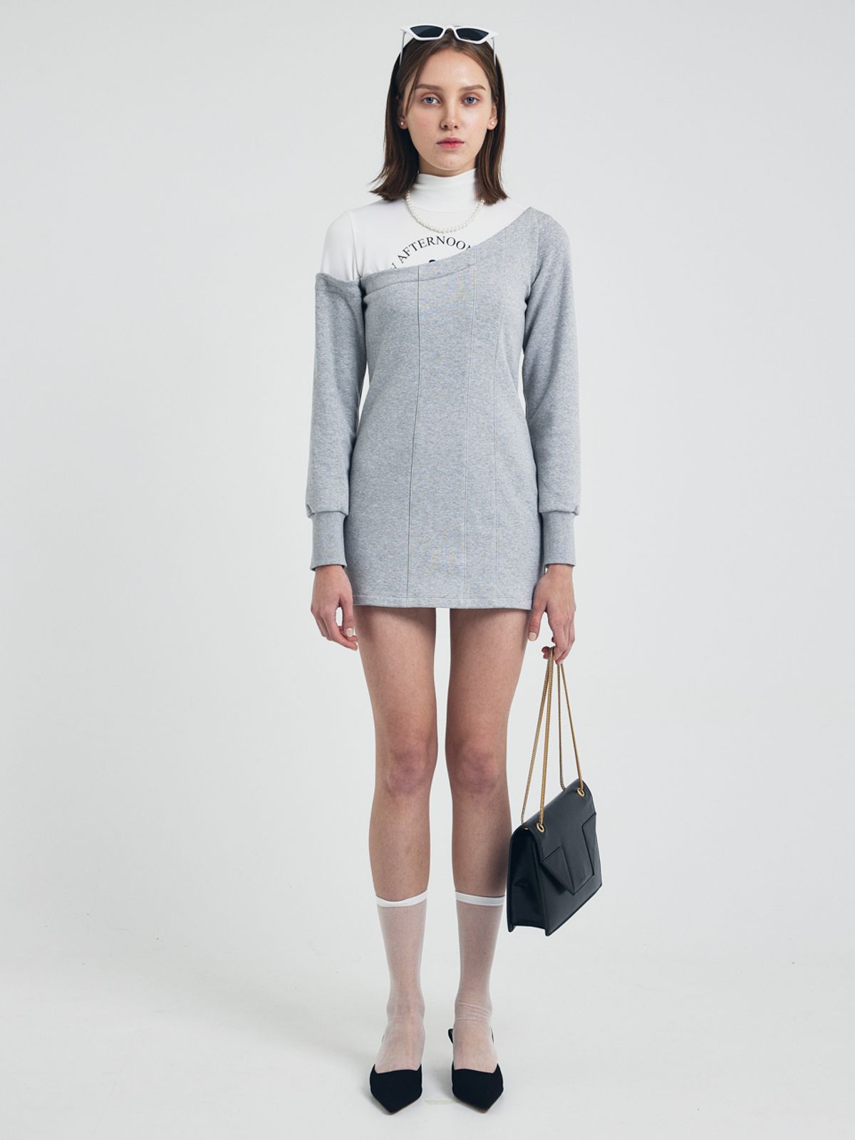 쎄이연(SAYYEON) Turtle Neck Double Layered Mini Dress Melange Gray