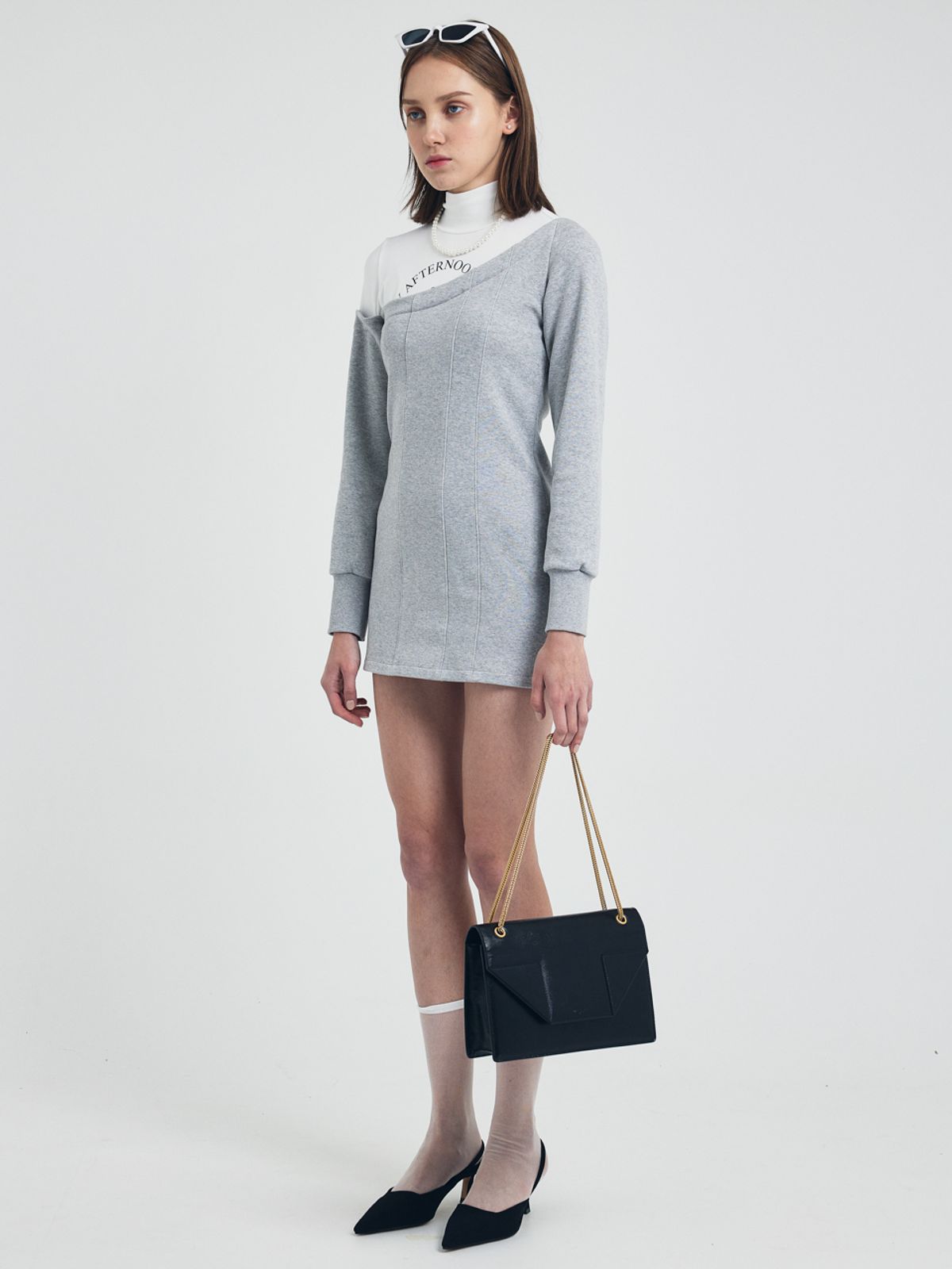 쎄이연(SAYYEON) Turtle Neck Double Layered Mini Dress Melange Gray