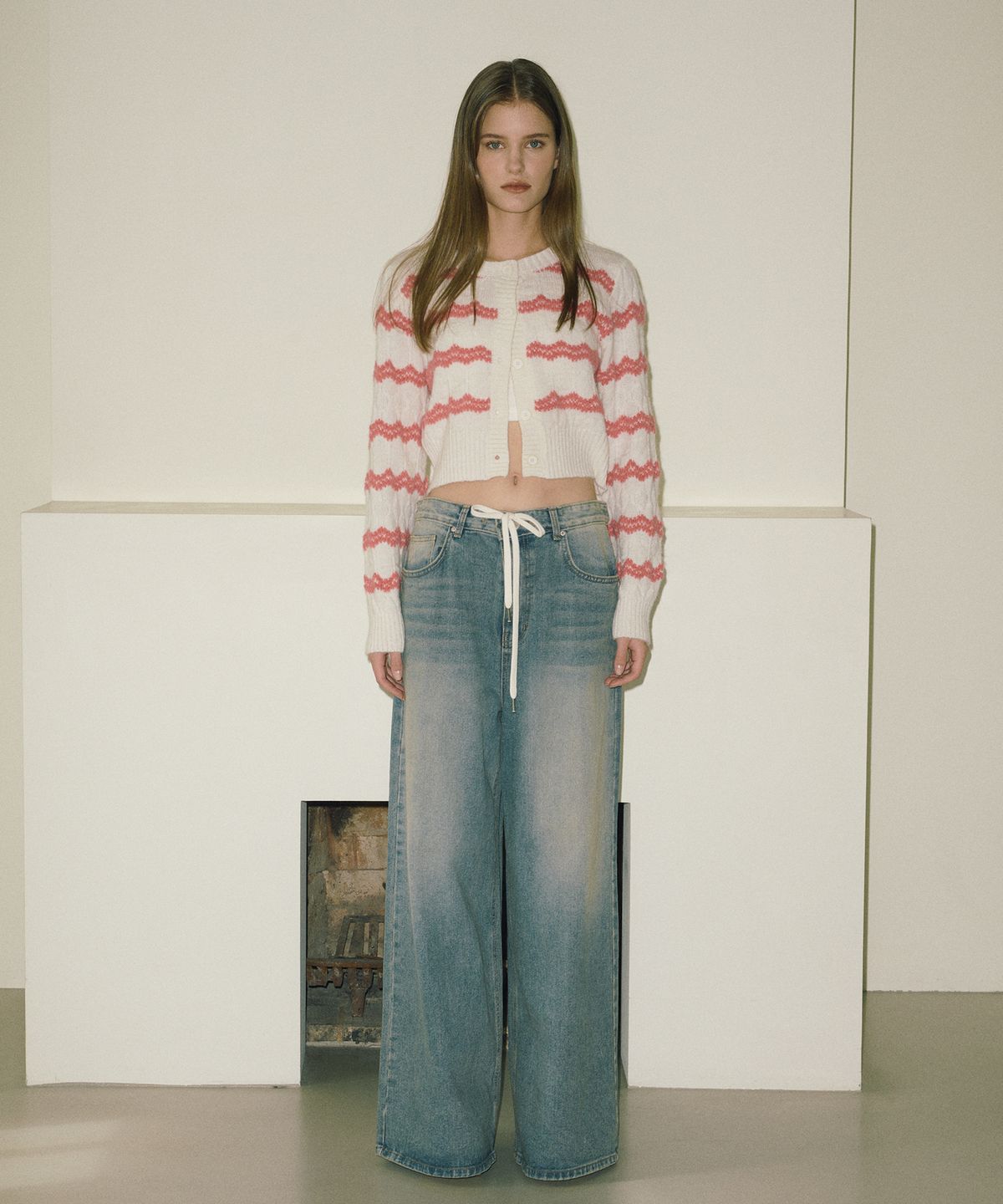 에트몽(ETMON) Zigzag Stripe Knit Cardigan, Pink