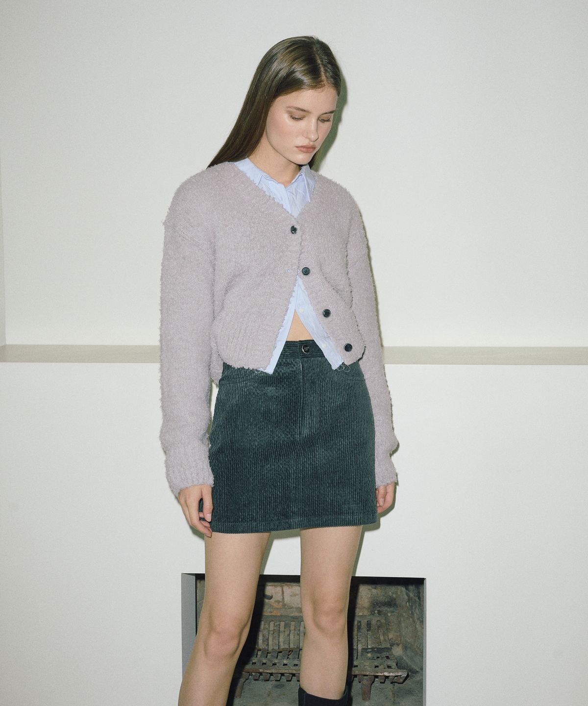 에트몽(ETMON) Corduroy Mini Skirt  Blue Green