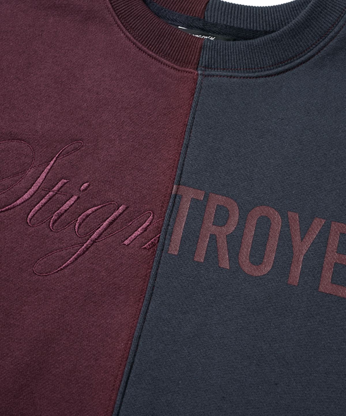 스티그마(STIGMA) 22 HALF COLOR OVERSIZED HEAVY SWEAT CREWNECK NAVY BURGUNDY