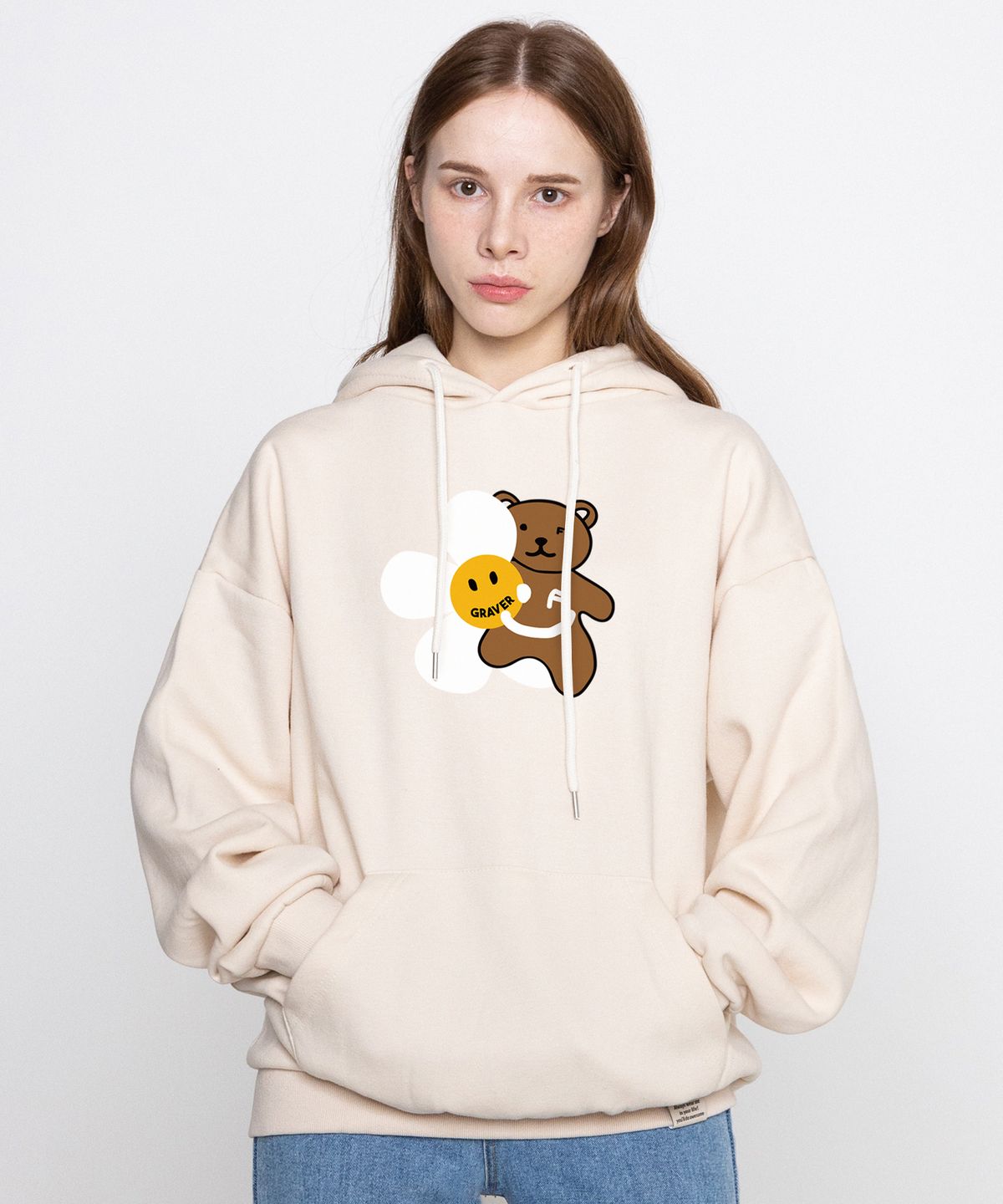 그레이버(GRAVER) [UNISEX]빅 플라워 베어 스마일 후드티_크림