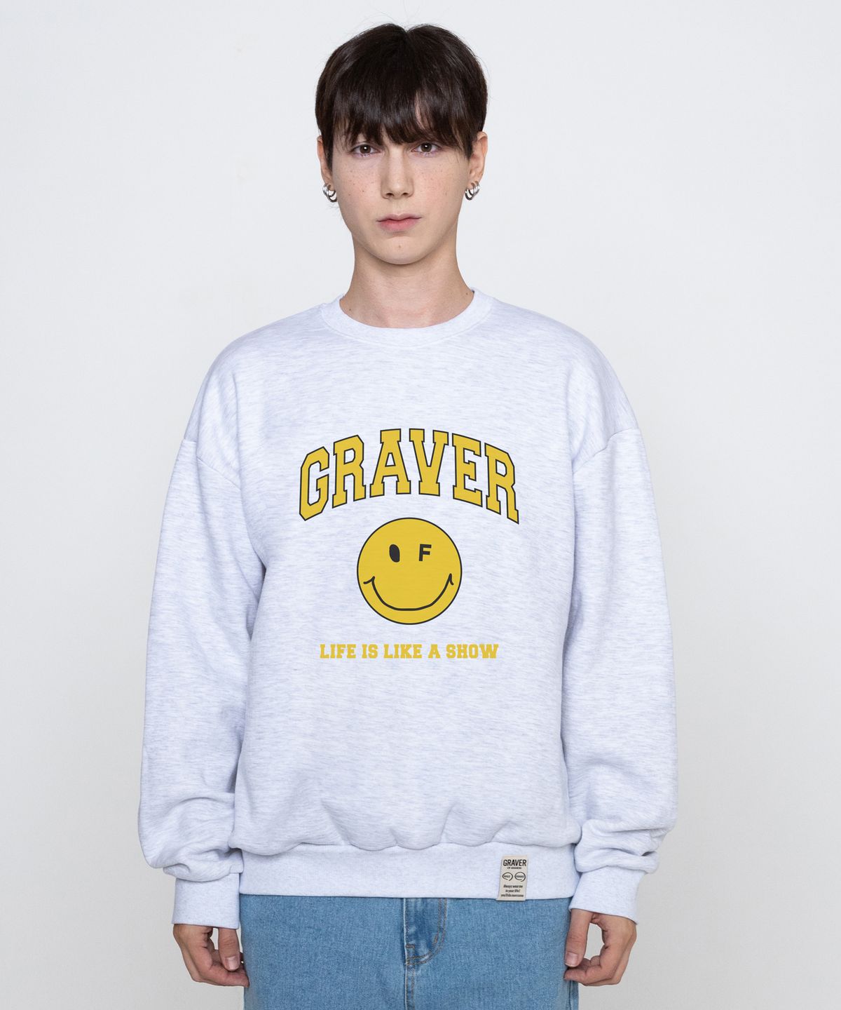 그레이버(GRAVER) [UNISEX]아치로고 라이프 도트스마일 맨투맨_멜란지화이트