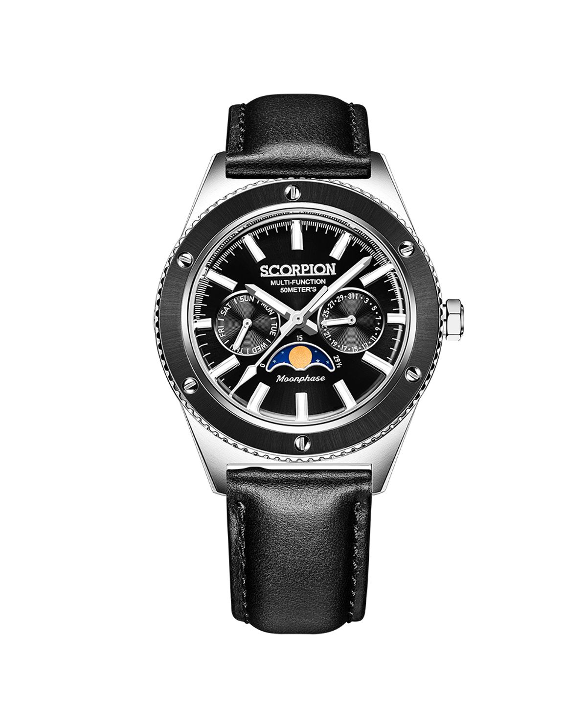 스콜피온(SCORPION) 40mm 문페이즈 남성 메탈시계 SP3581M-BK [가죽밴드구성]