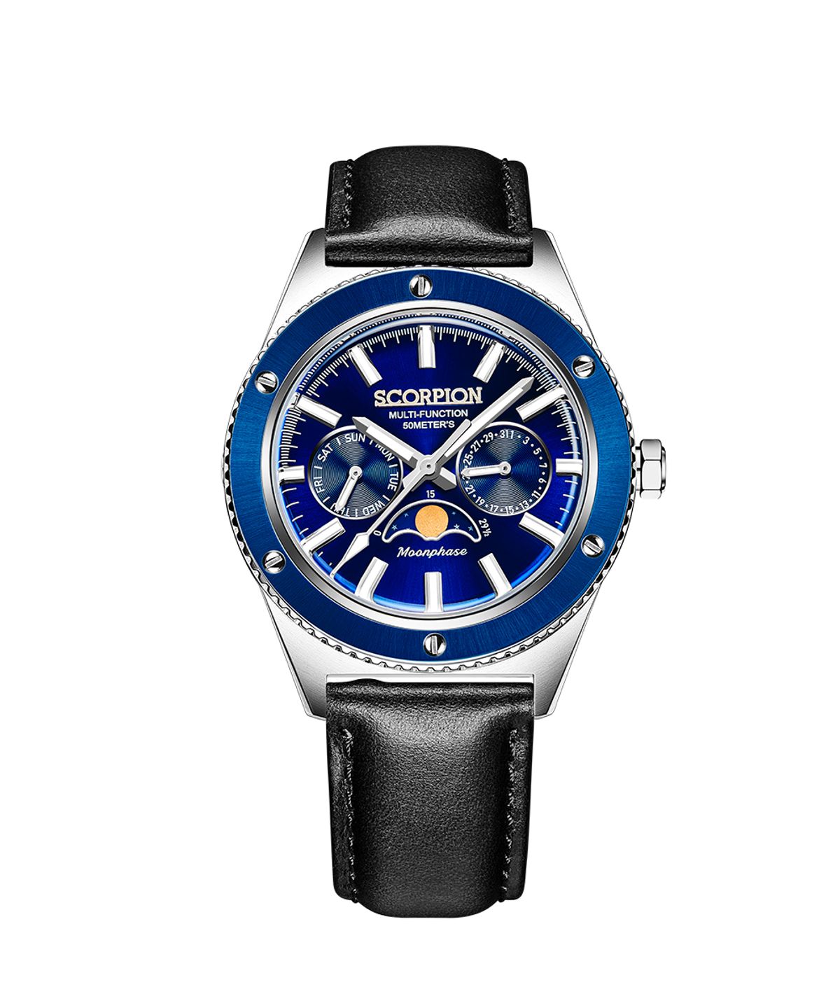 스콜피온(SCORPION) 40mm 문페이즈 남성 메탈시계 SP3581M-BU [가죽밴드구성]